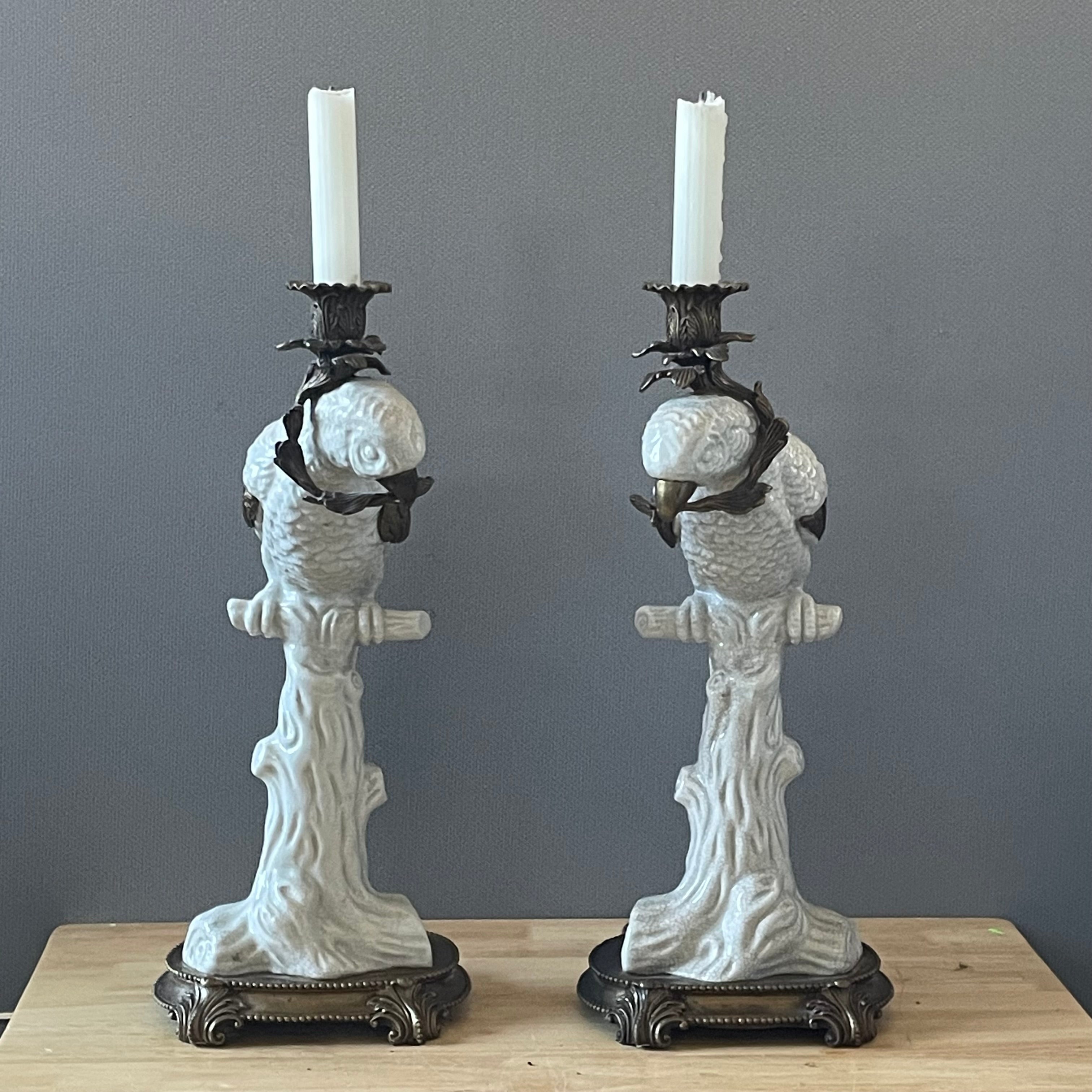 Castilian Imports White Glazed Porcelain with Brass Base Cockatoo Candlesticks, Pair
