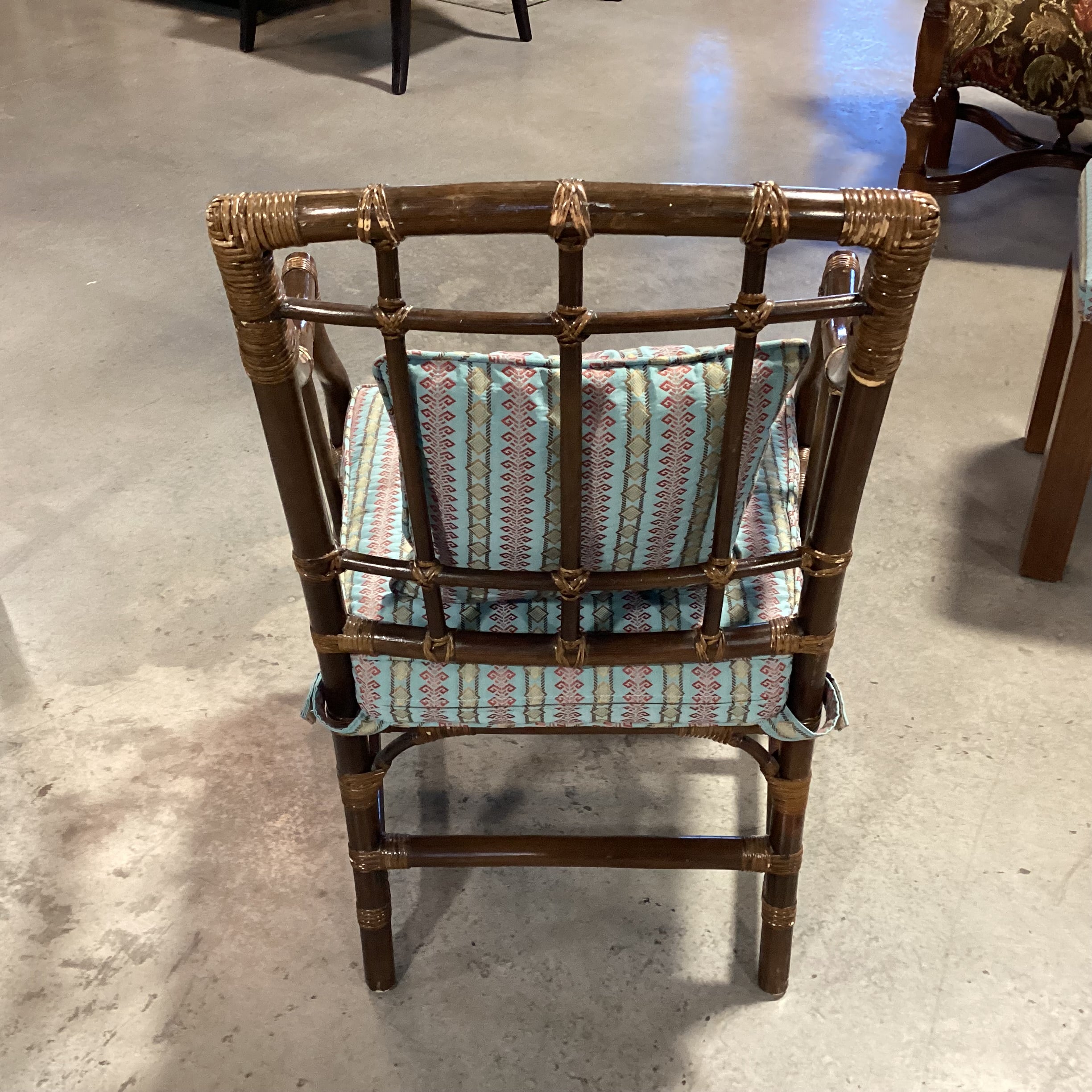 Bamboo Rattan with Blue Red Gold Ribbon Style Fabric Chair 23"x 23"x 34"