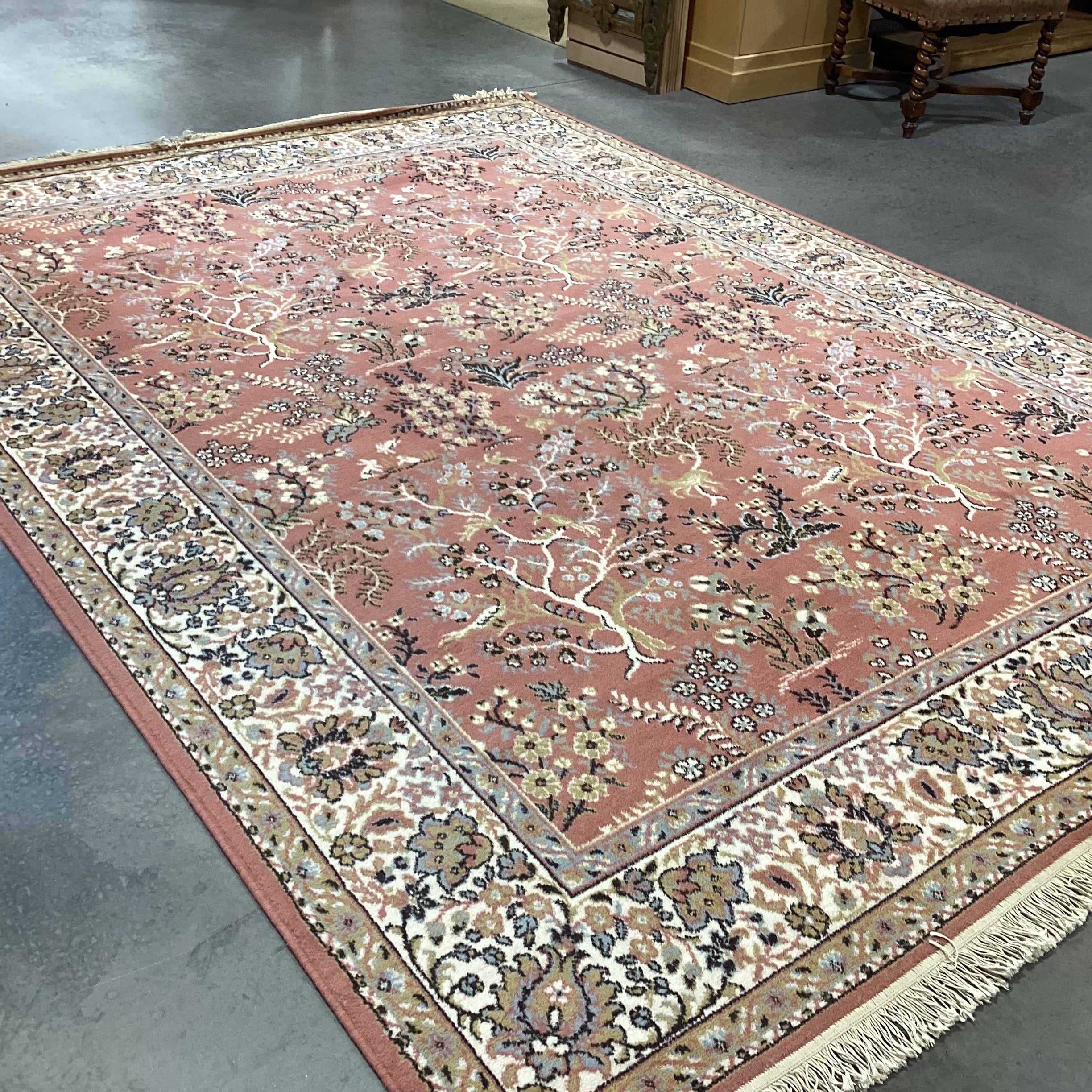 Galaxy Made in Belgium Vintage Salmon Blue Grey & Gold Leaf Floral Pure Virgin Wool Pile Rug 7'11"x 11'4"