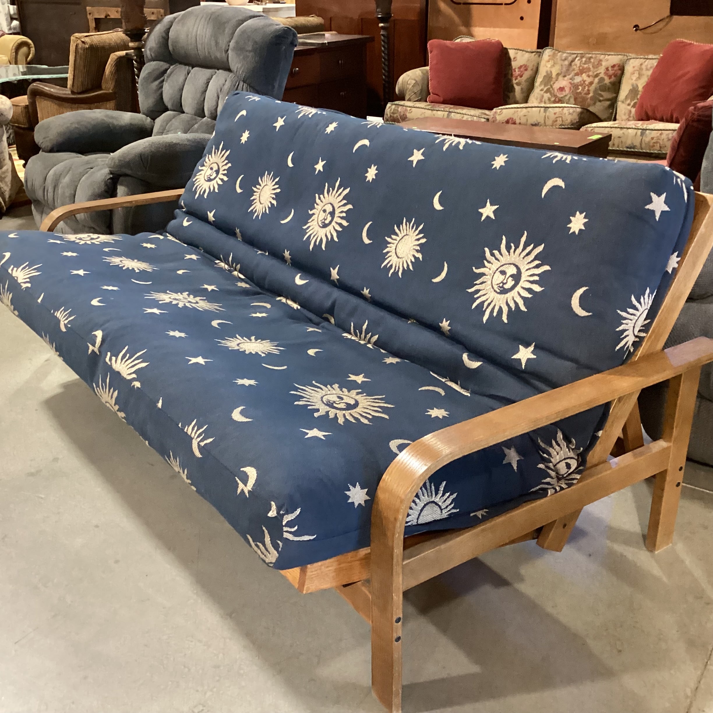 Oak & Blue With Sun Moon & Stars Cushion Futon Sofa 80"x 42" to 56"