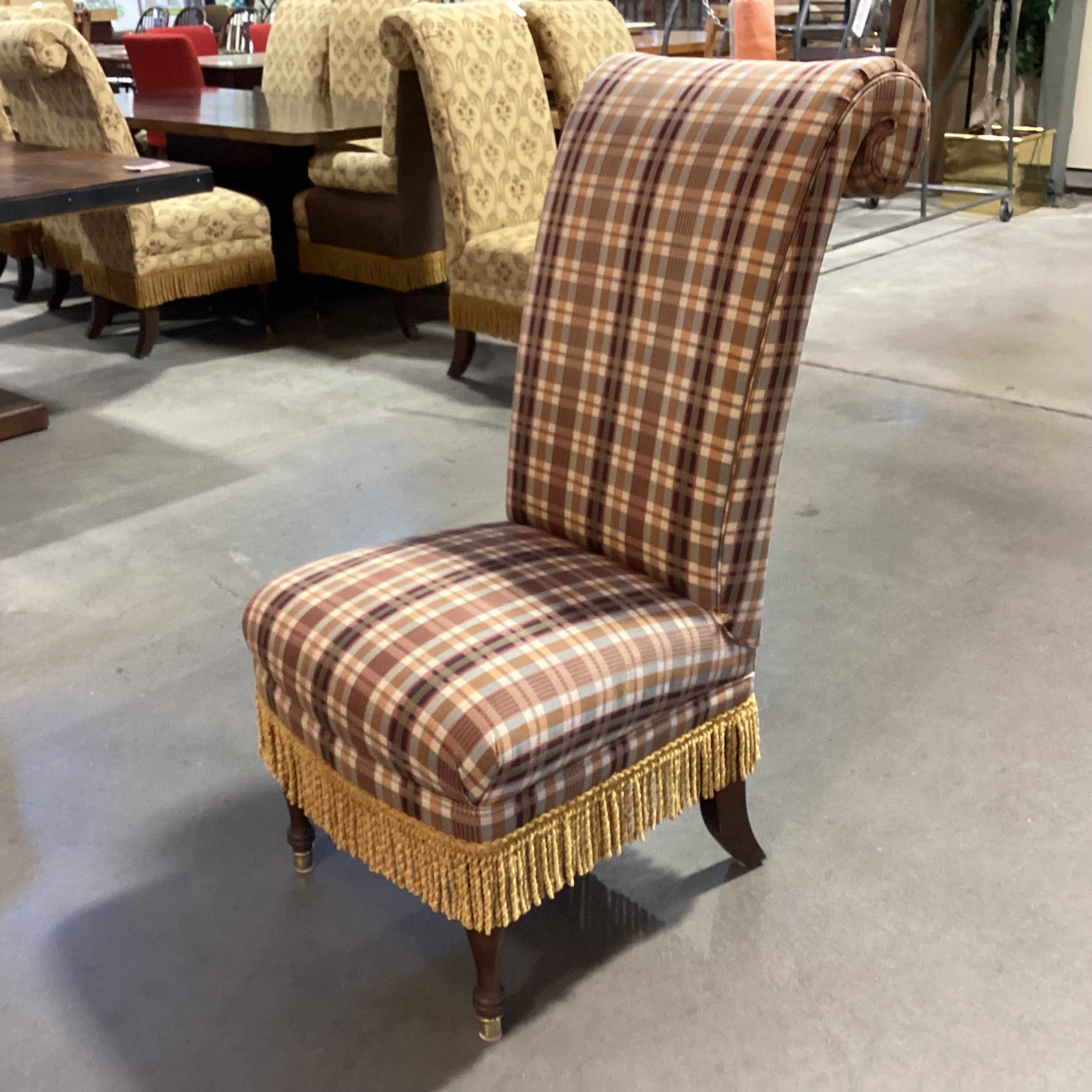 Custom Burgundy Gold Plaid & Fringe Roll Back Chair 20"x 32"x 46"