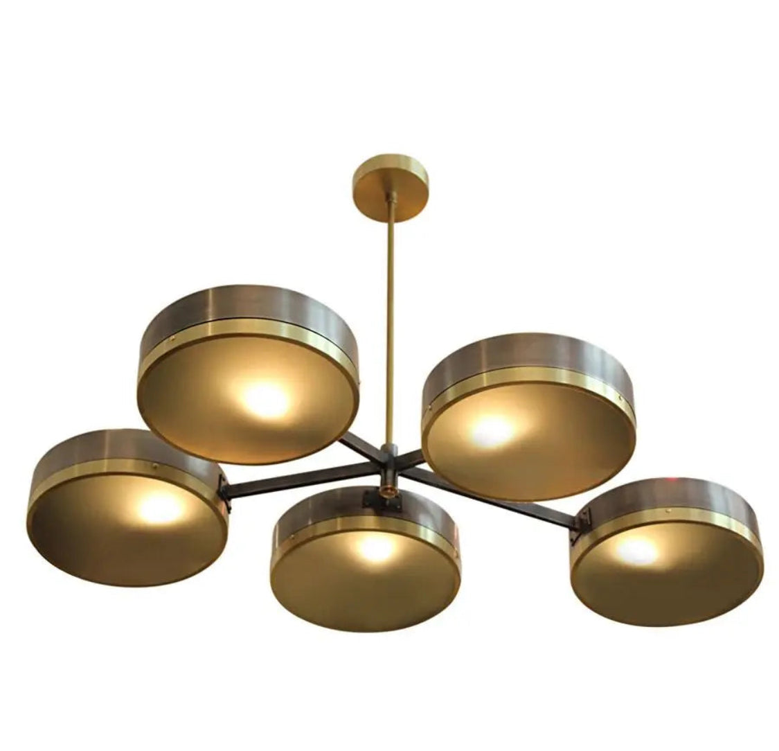 Dante V 5-Light Steel and Brass with Frosted Glass Difusers Chandelier 48"x 33"x 6" - 31"