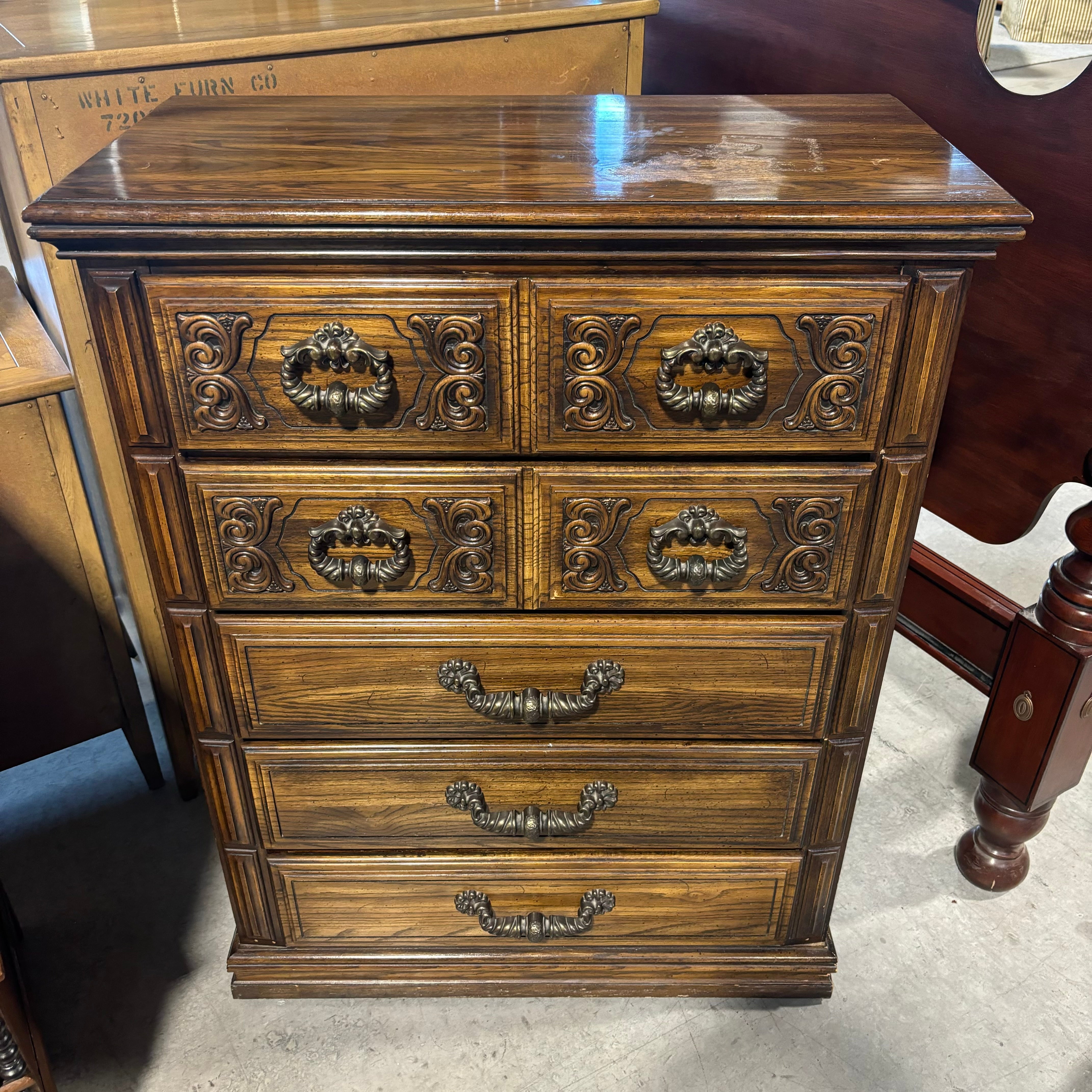 Ornate Carved Dark Finish Wood with Metal Handles 5 Drawer Dresser 36"x 18"x 47"