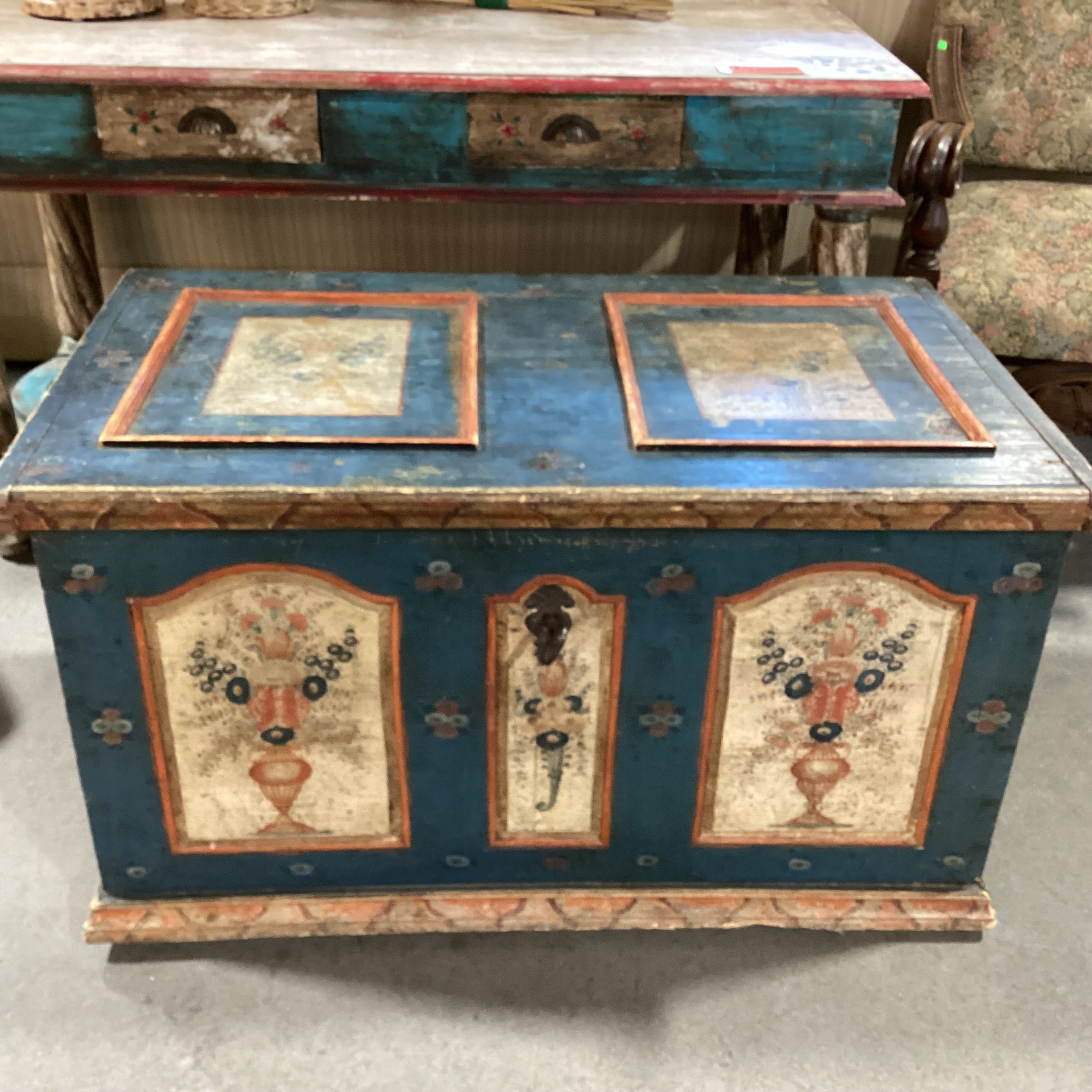Antique Carved Wood Hand Painted Blue with Floral Panels Trunk 42"x 25"x 23.5"
