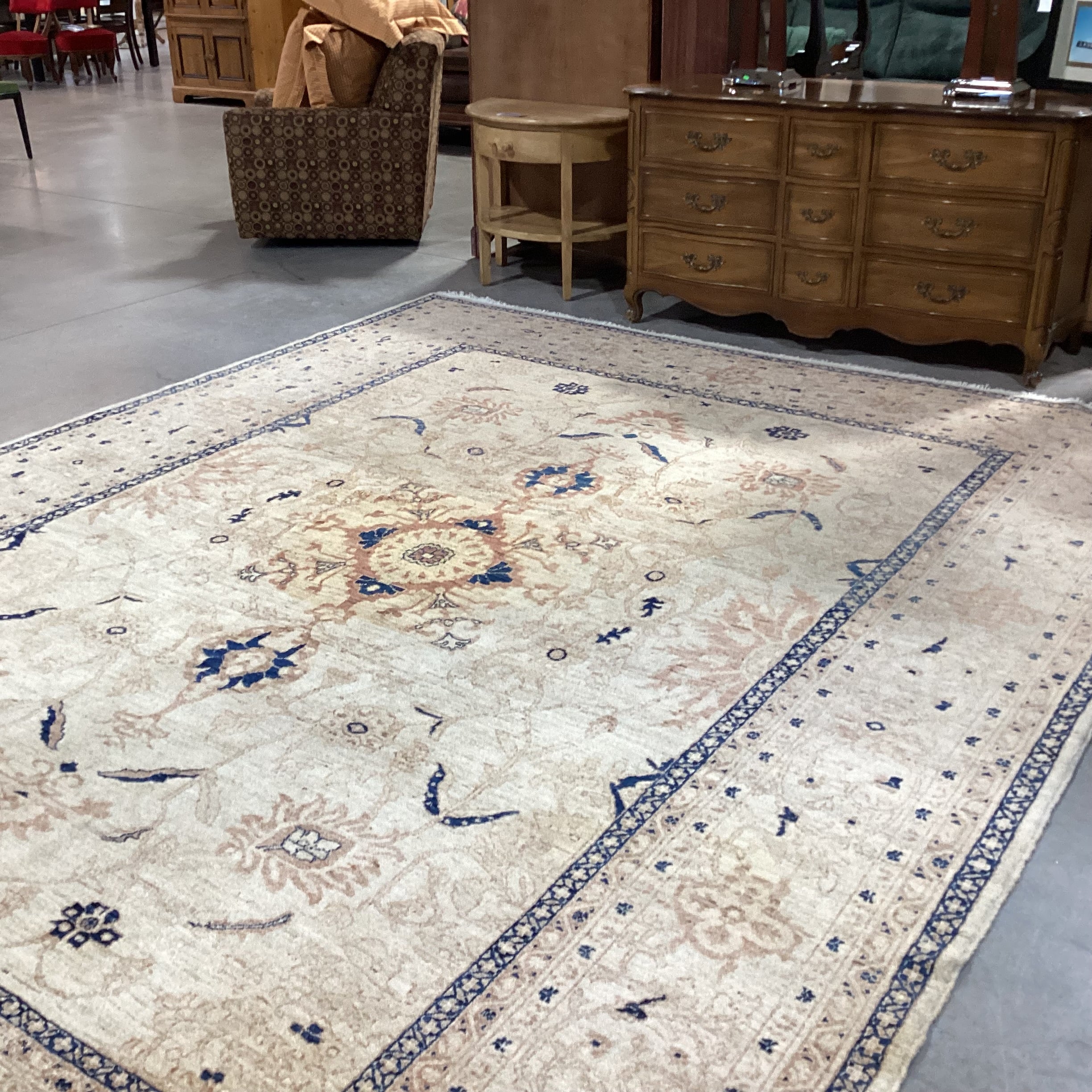 Cream Tan Blue Hand Woven Wool Rug 10' x 12" 9"