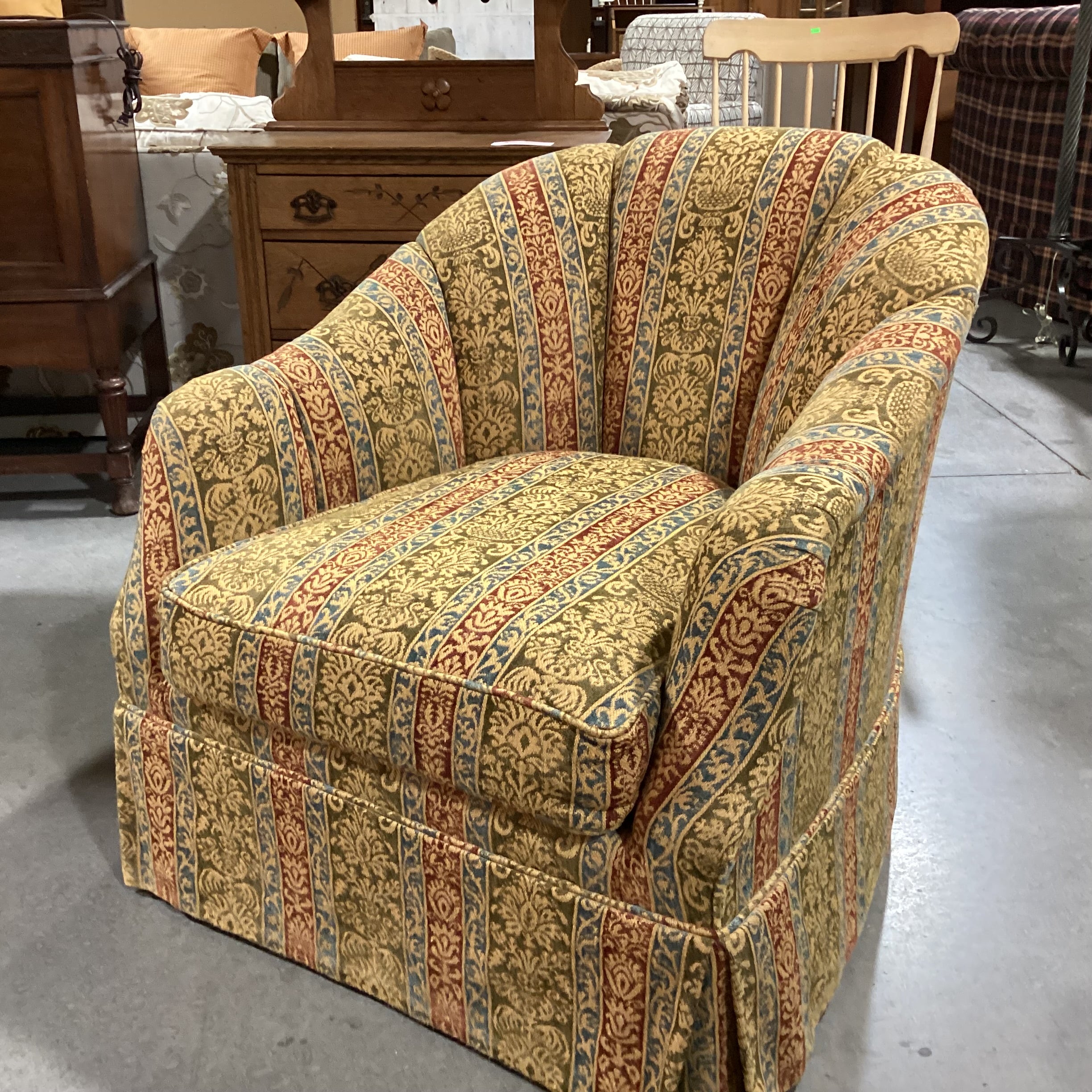 Custom Gold Sage Blue Rust Ornate Woven Ribbon Floral Scallop Back on Casters Chair 33"x 34"x 33"