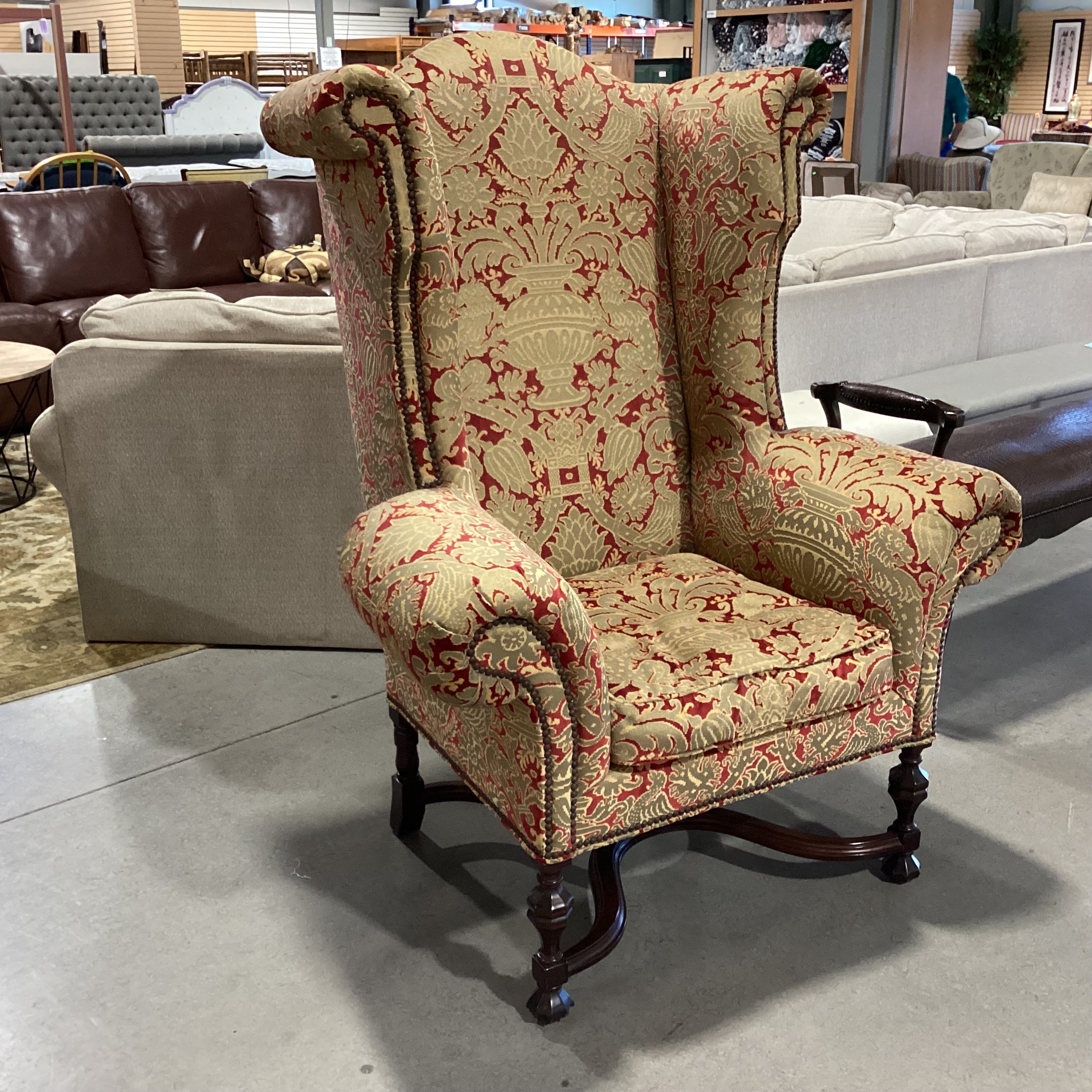 Lee Jofa Gold & Red Raised Design Nailhead Roll Arm & Wing with Carved Wood Base Chair 44"x 36"x 56"