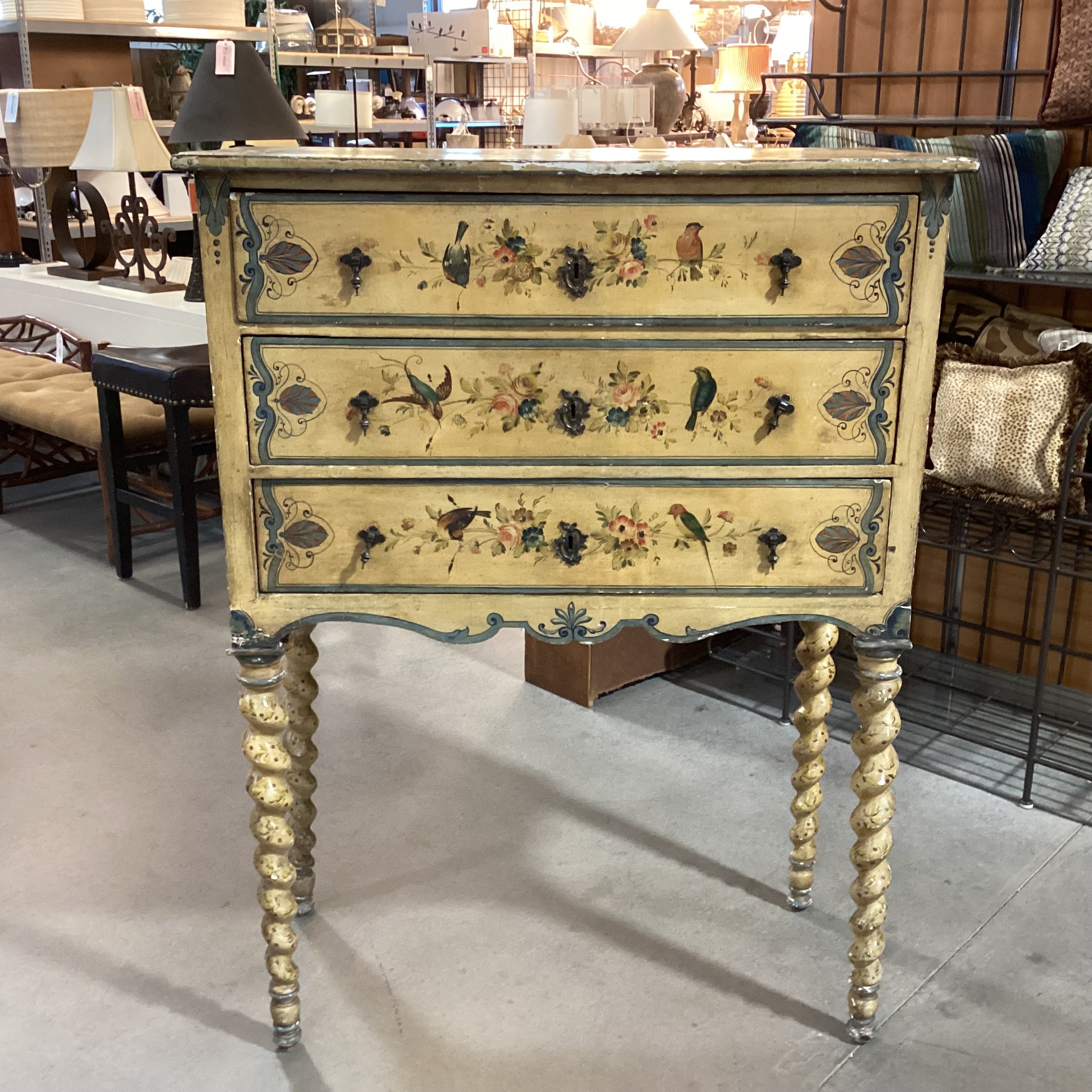 Antique Spindle Leg Hand Painted Bird & Floral 3 Drawer Chest 42"x 19"x 55"