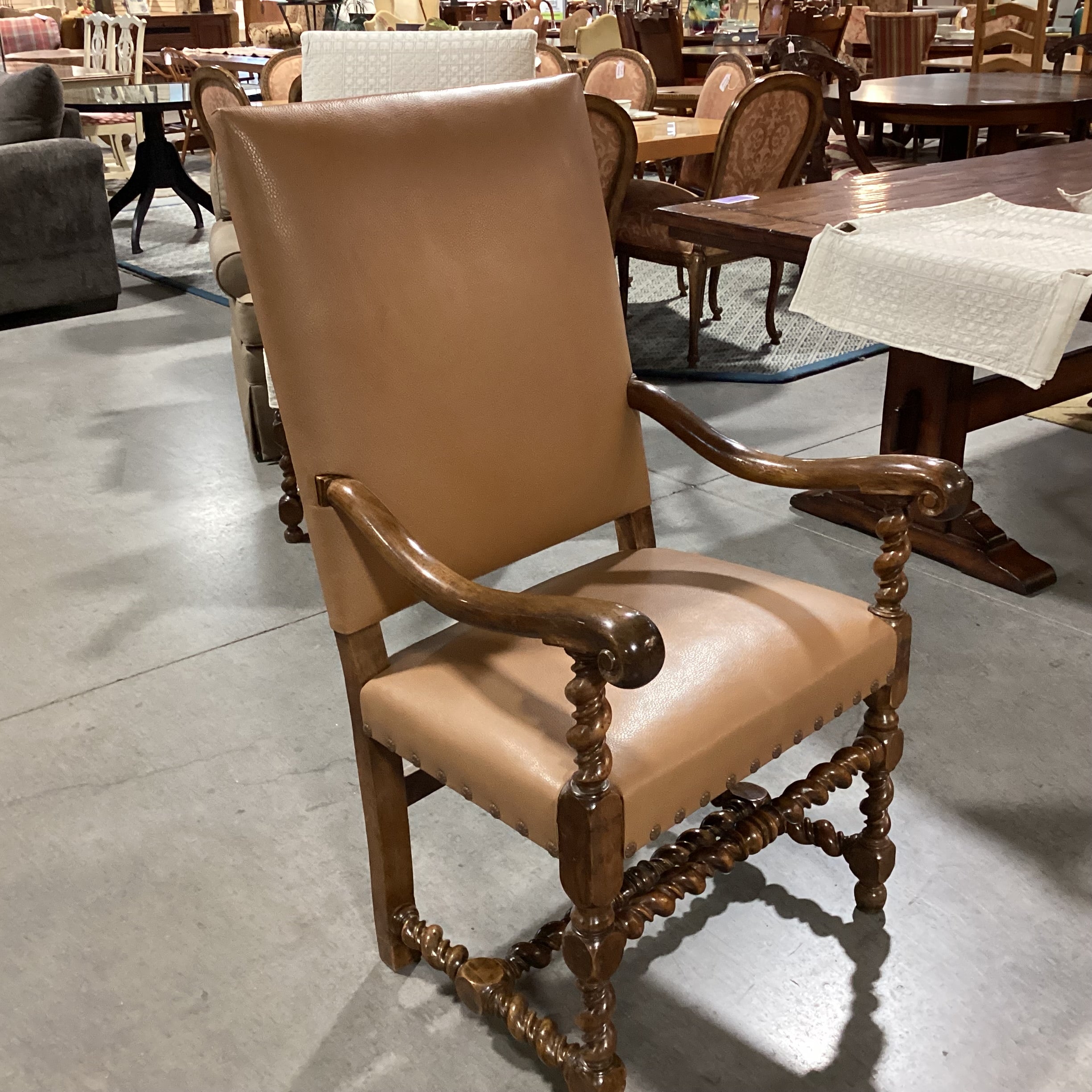 Ornate Carved Wood with Ivory Quilted Slipcover Leather Underneath Chair 26"x 26"x 46"