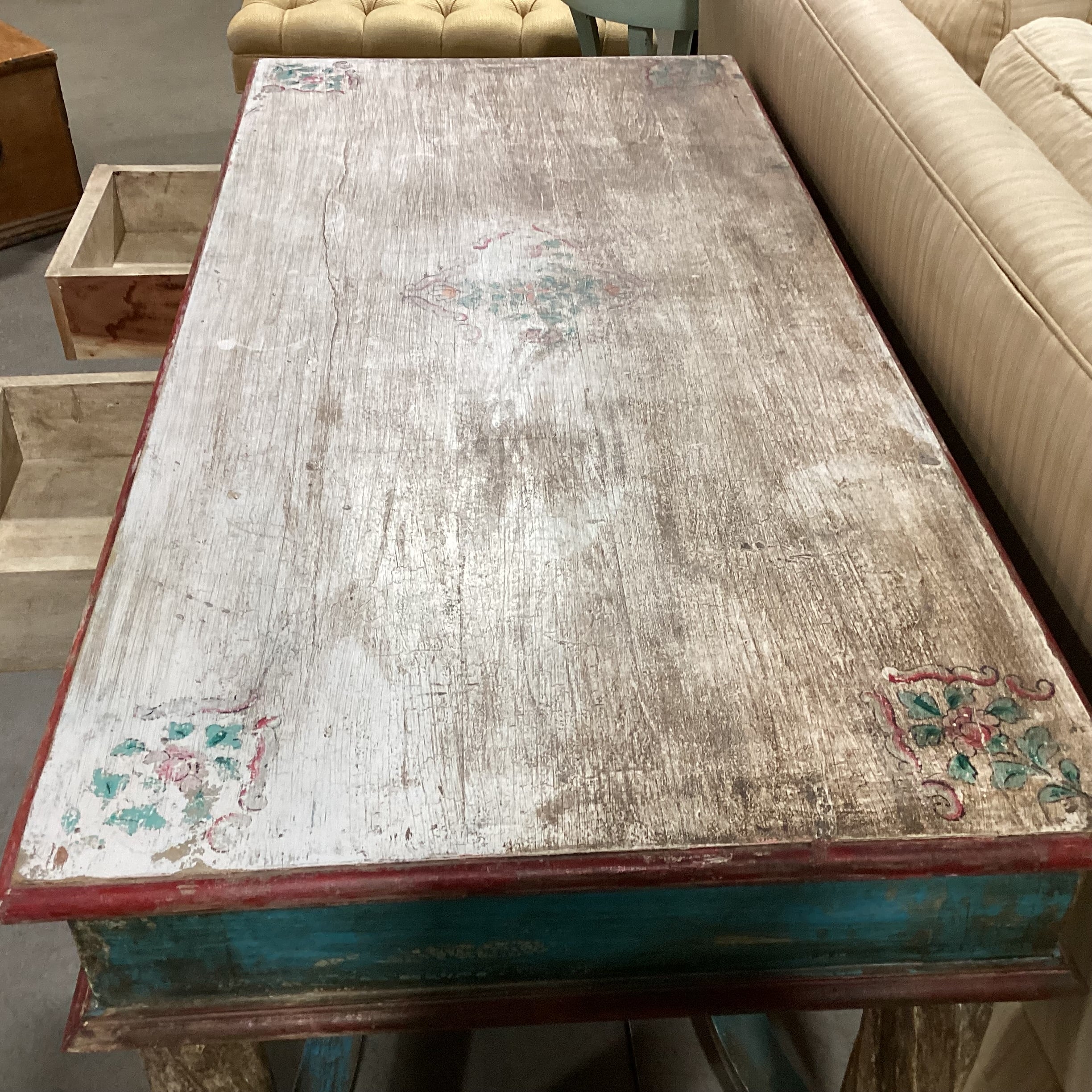 Antiqued Finish Hand Painted Blue & Red Floral Carved Wood 2 Drawer Accent Table 58.5"x 28.5"x 32"