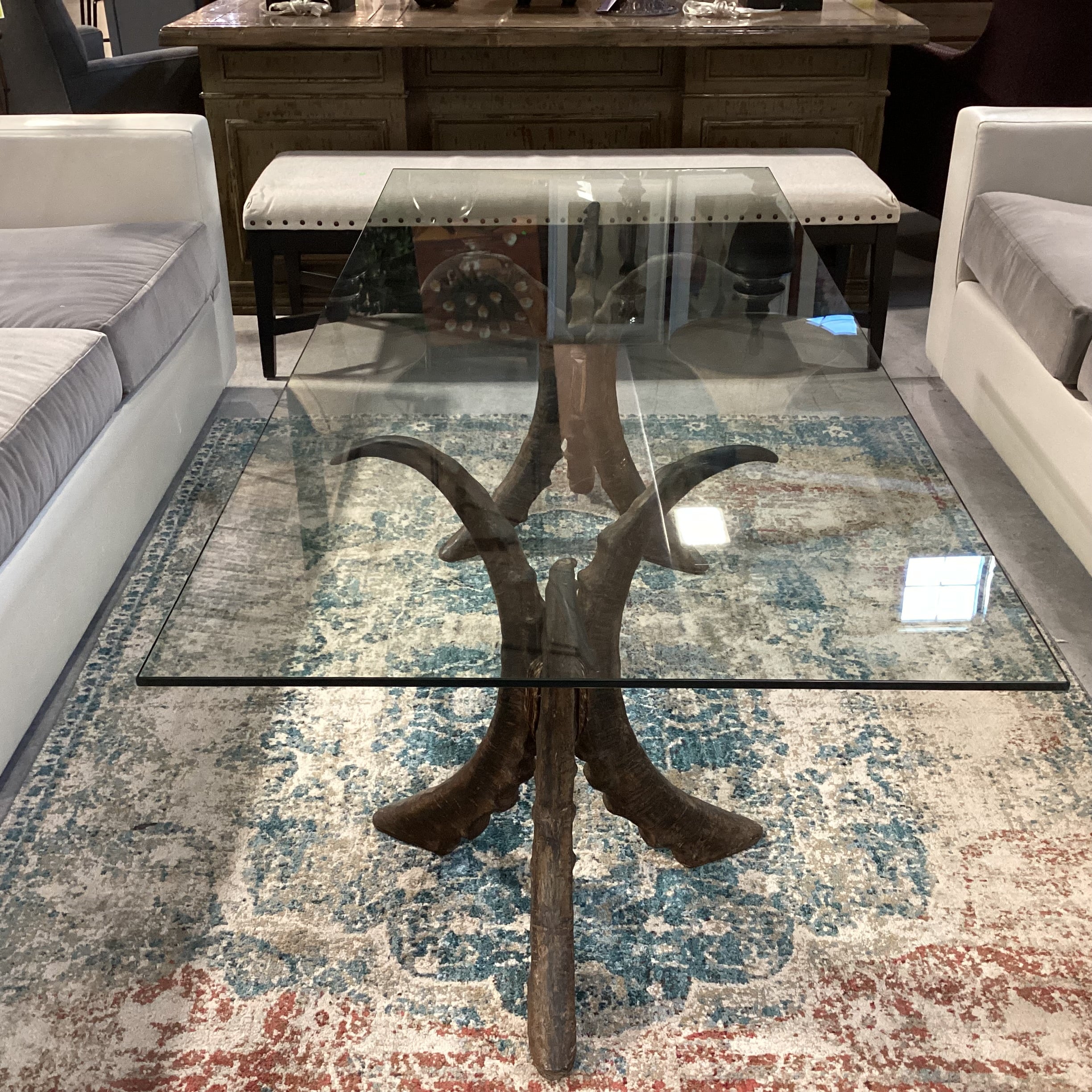 Carved Wood Tri Horn Pedestals with Glass Top Coffee Table 72"x 30"x 23"