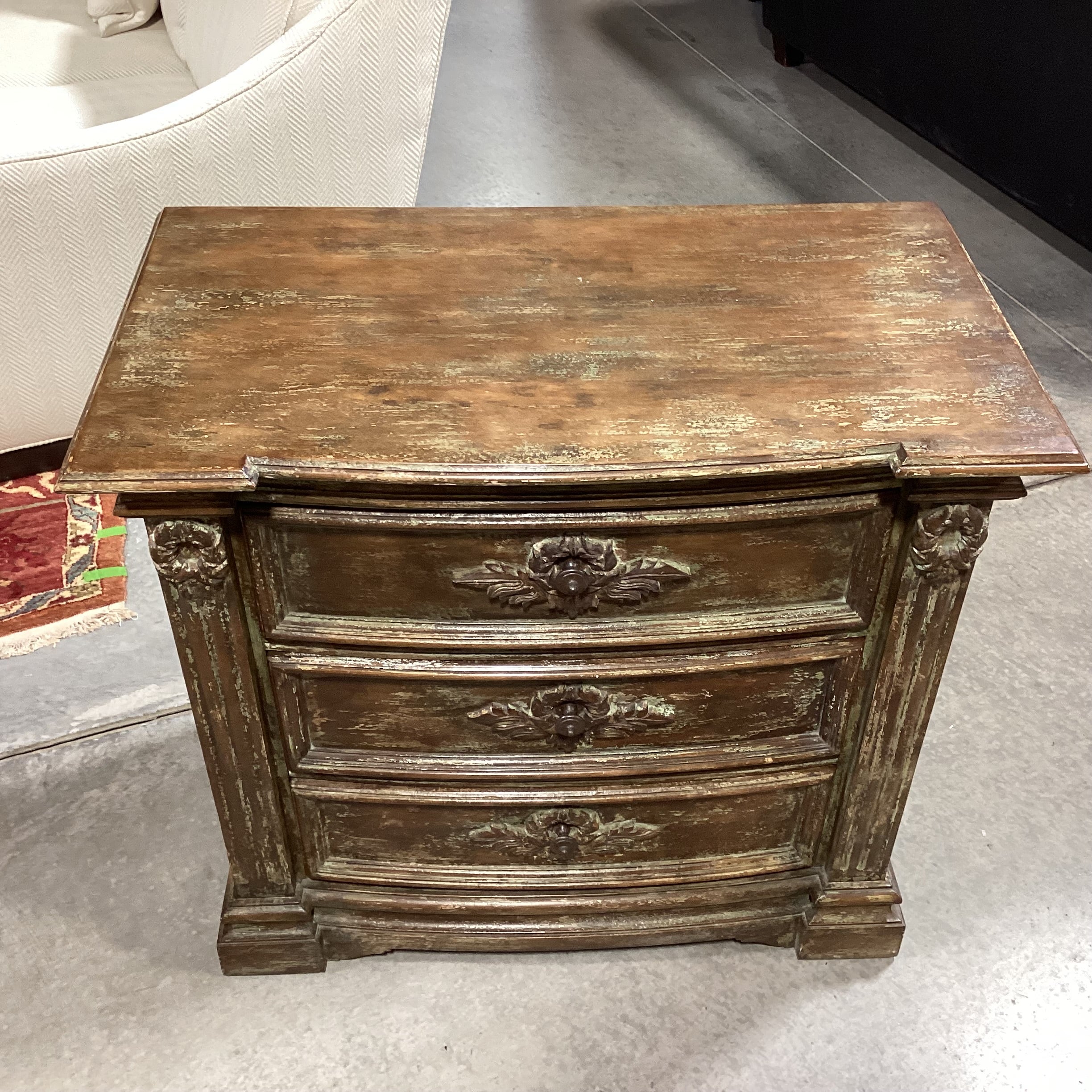Antiqued Distressed Carved Wood 3 Drawer Nightstand 36"x 20"x 33"