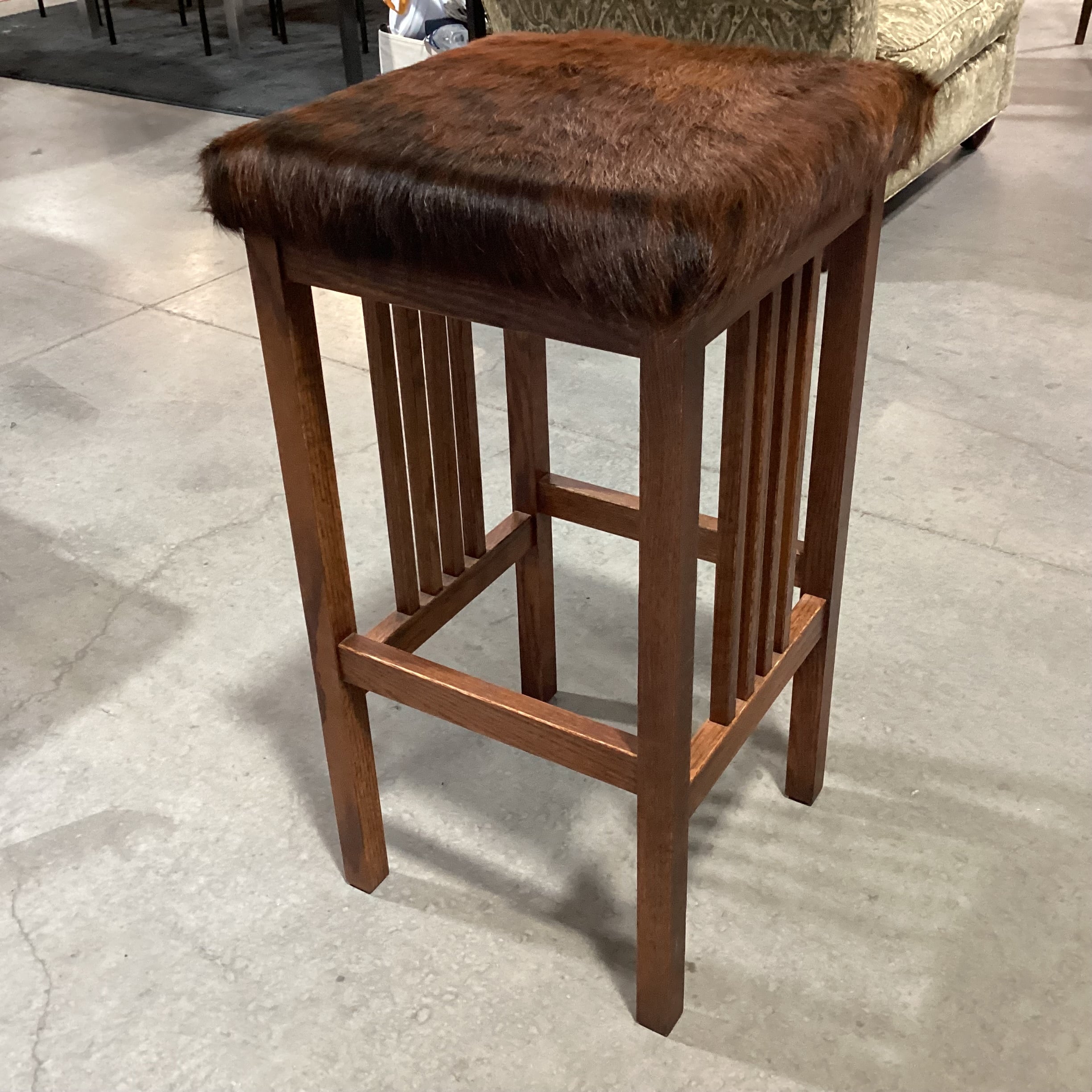 Amish Mission Style Oak with Black & Brown Cowhide Barstool 32"