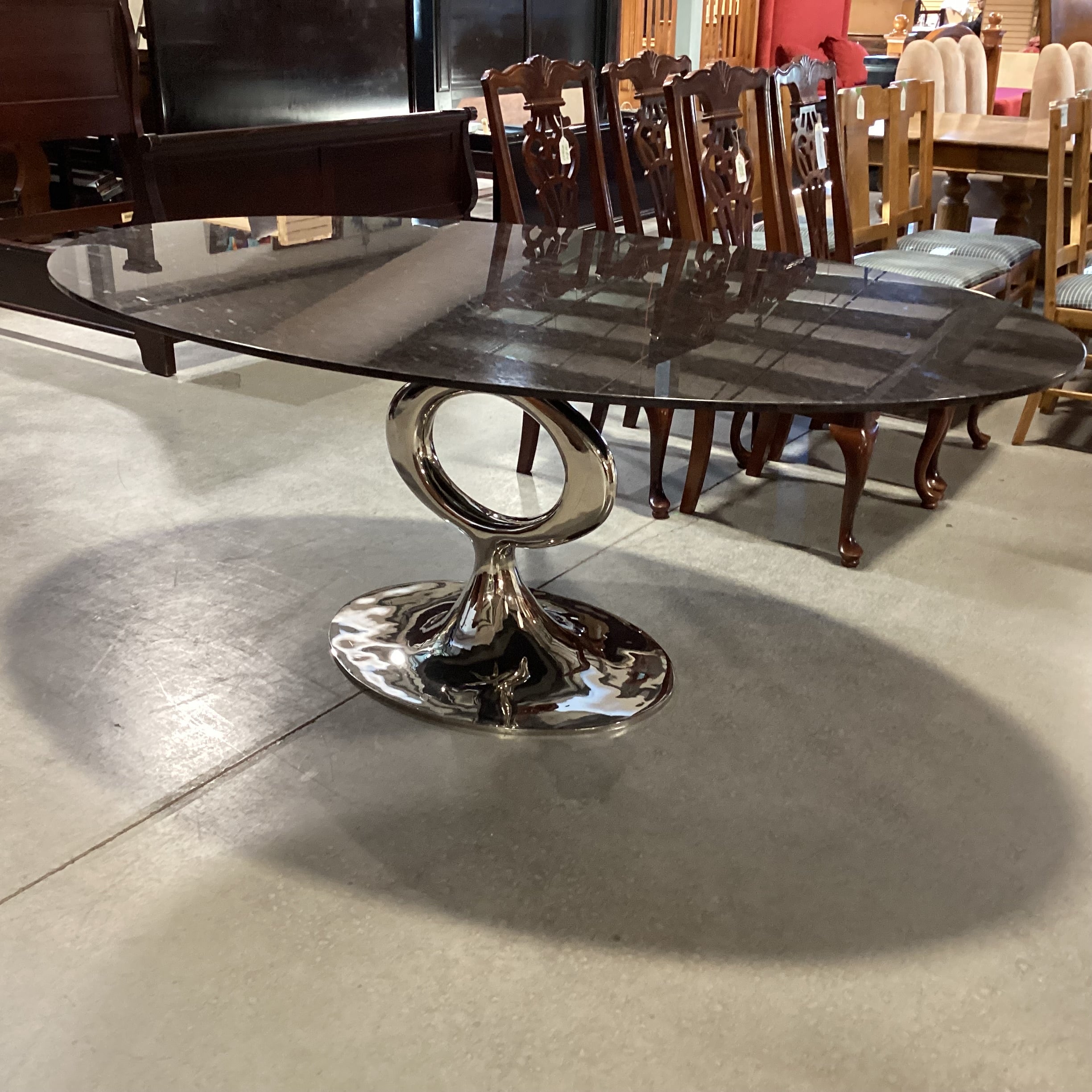 Blackman Cruz Oval Black Granite & Nickel Plate Pedestal Dining Table 78"x 48"x 30"