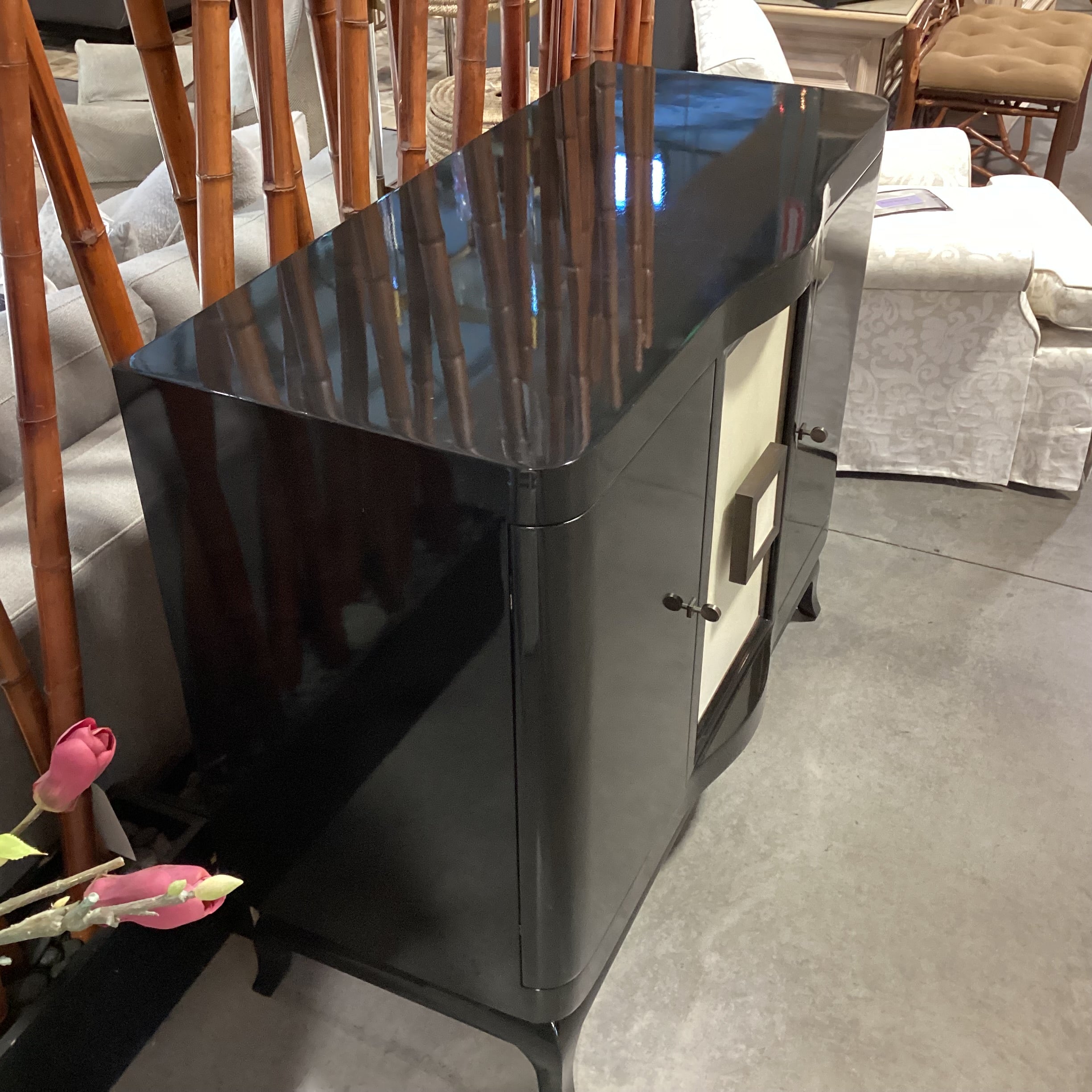 French Art Deco Style Black Lacquer 3 Door Buffet 48"x 22"x 40"