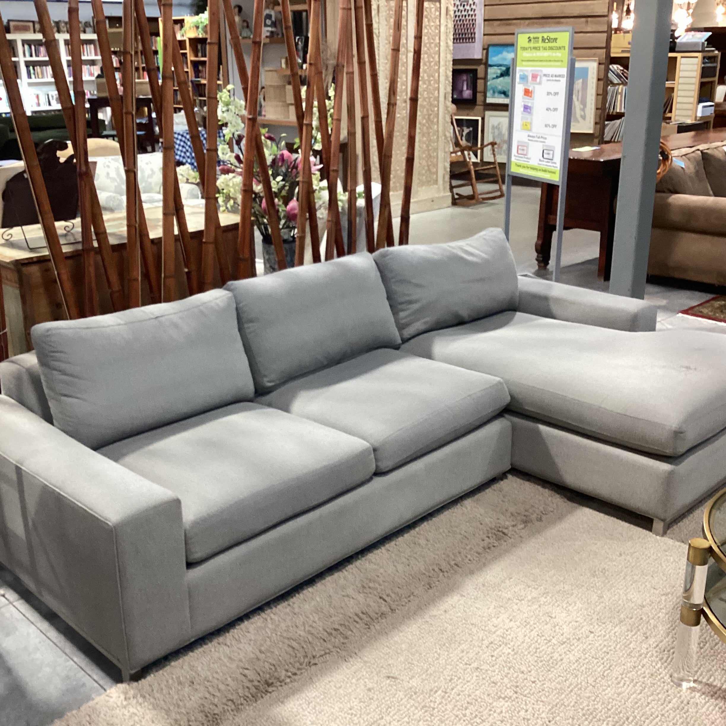 Room & Board Grey Woven 2 Piece with Chaise Modern Sectional 106"x 65"x 42"x 24"