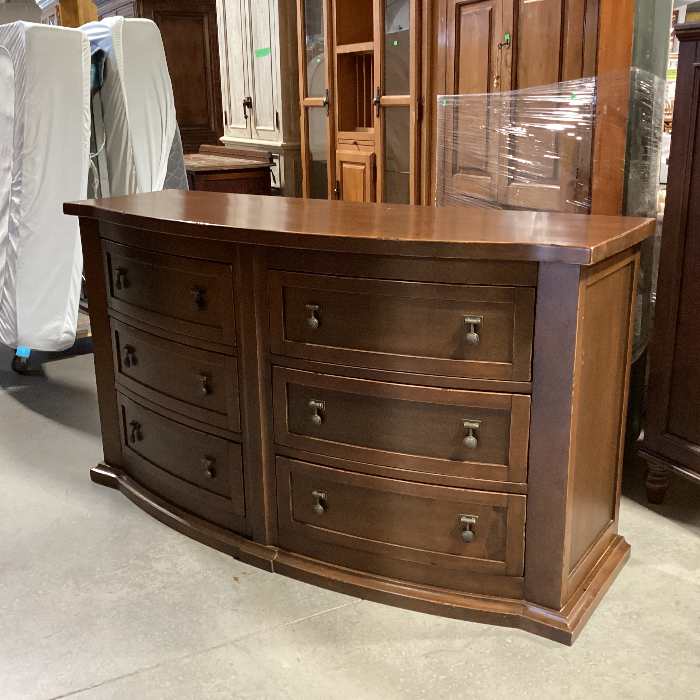 Dark Distressed Finish Solid Carved Wood 6 Drawer Curved Front Dresser 66"x 23.5"x 37"