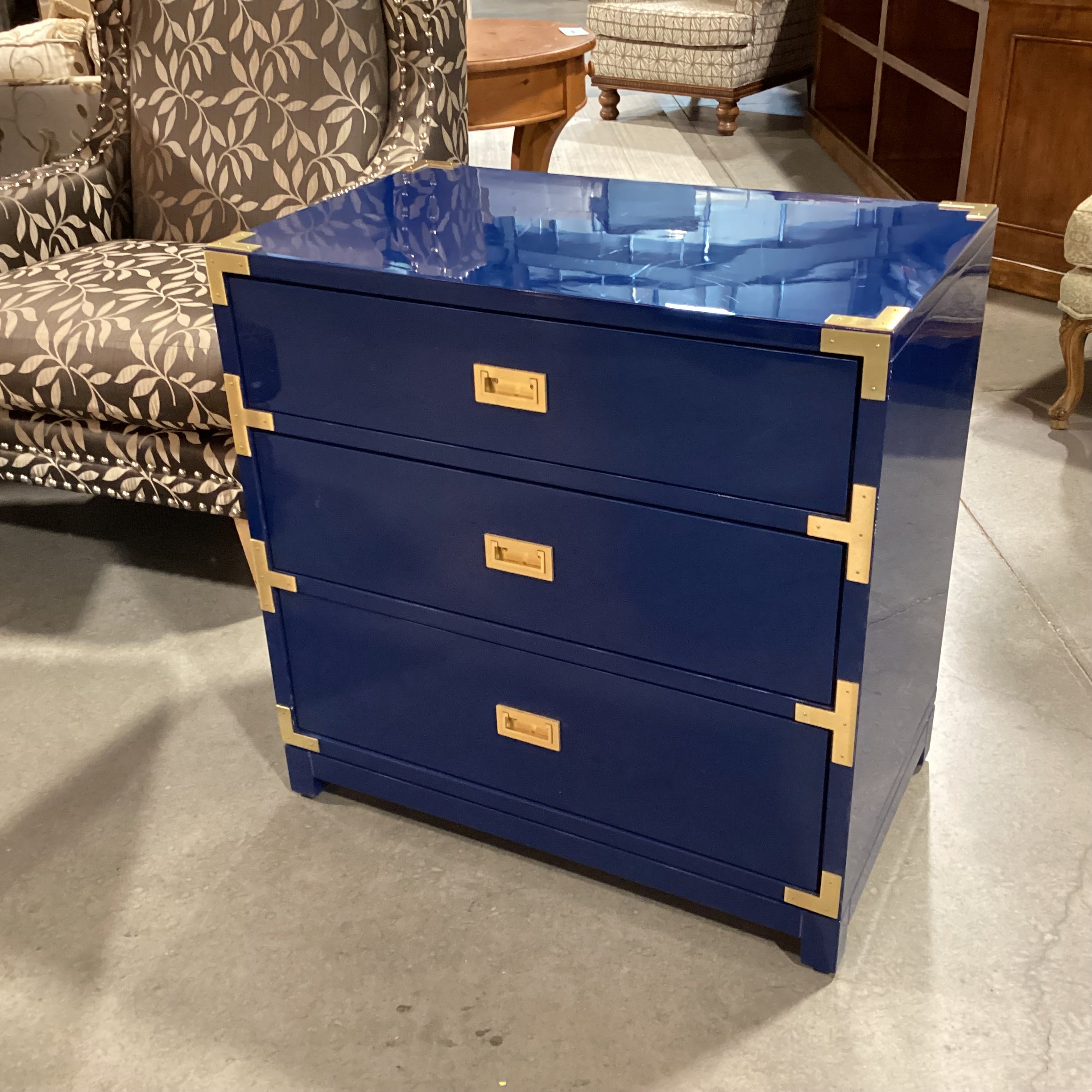 Navy Lacquer & Brass Campaign 3 Drawer Chest 30"x 18.5"x 30.5"