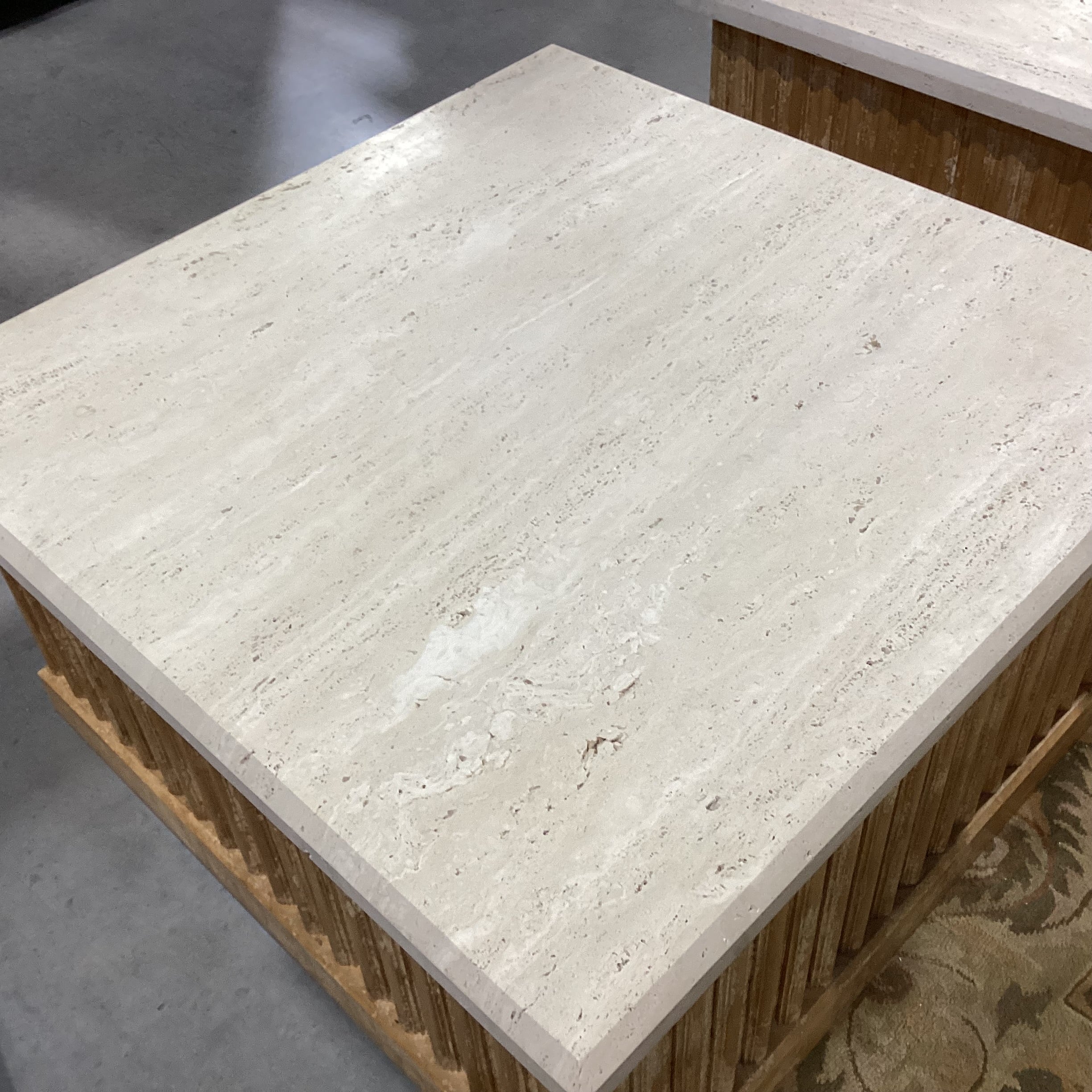 Custom Ribbed with Textured Crackle Finish Wood 1 Door with Shelf Travertine Top Coffee Table 48"x 48"x 24.5"