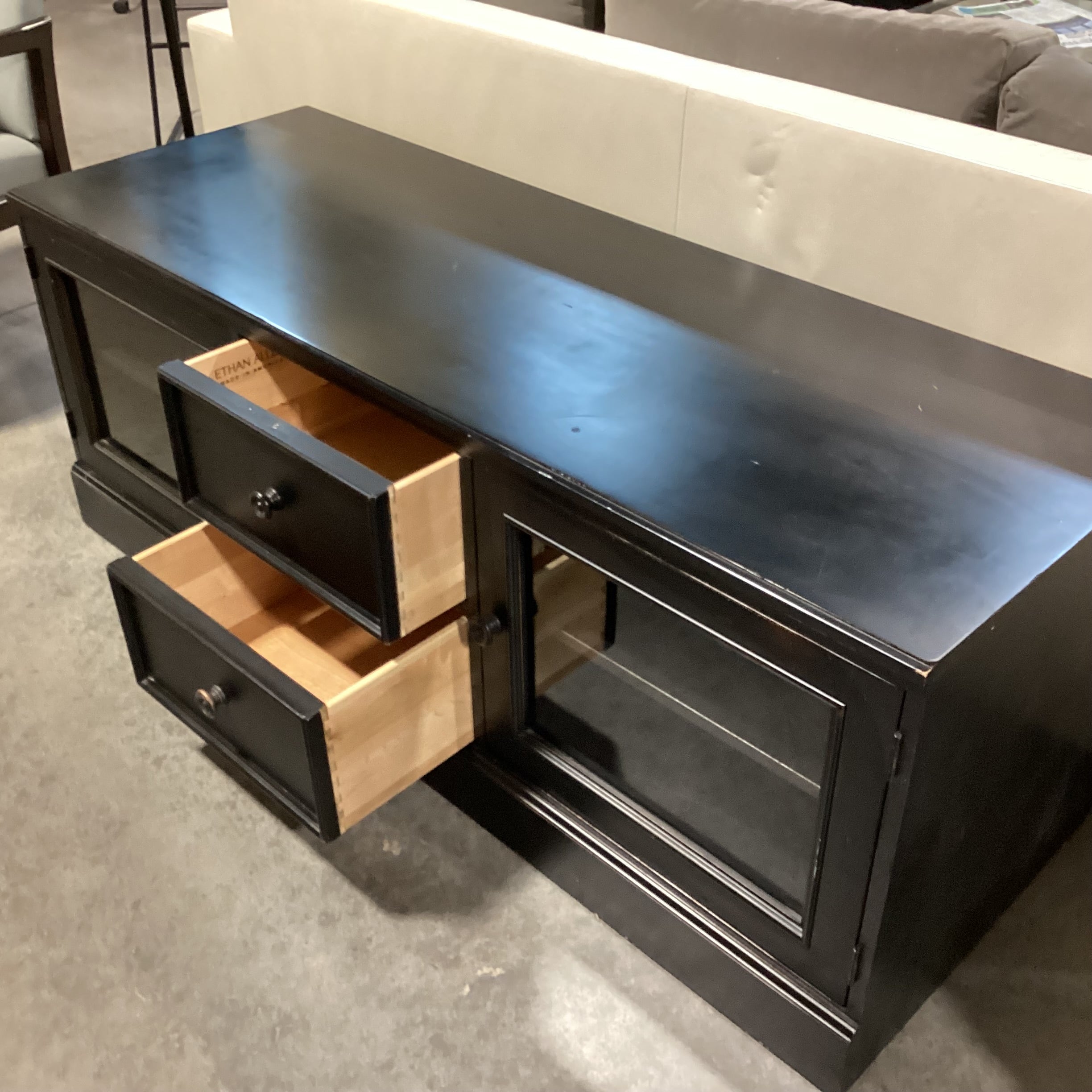 Ethan Allen New Country Distressed Black Wood 2 Glass Door with Shelves 2 Drawer Console 60"x 21.5"x 23"