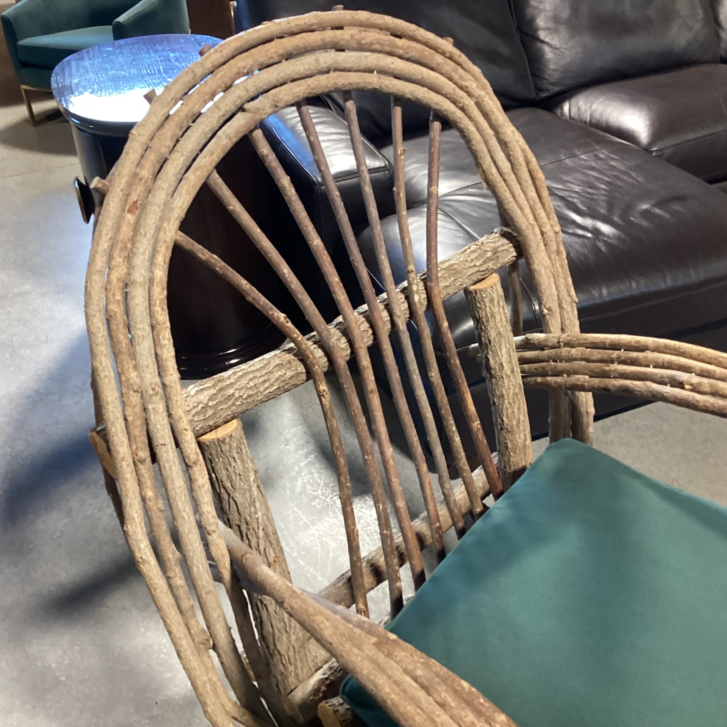 Log & Branch Arched & Rounded Arm with Green Cushions Chair 31"x 33"x 35"