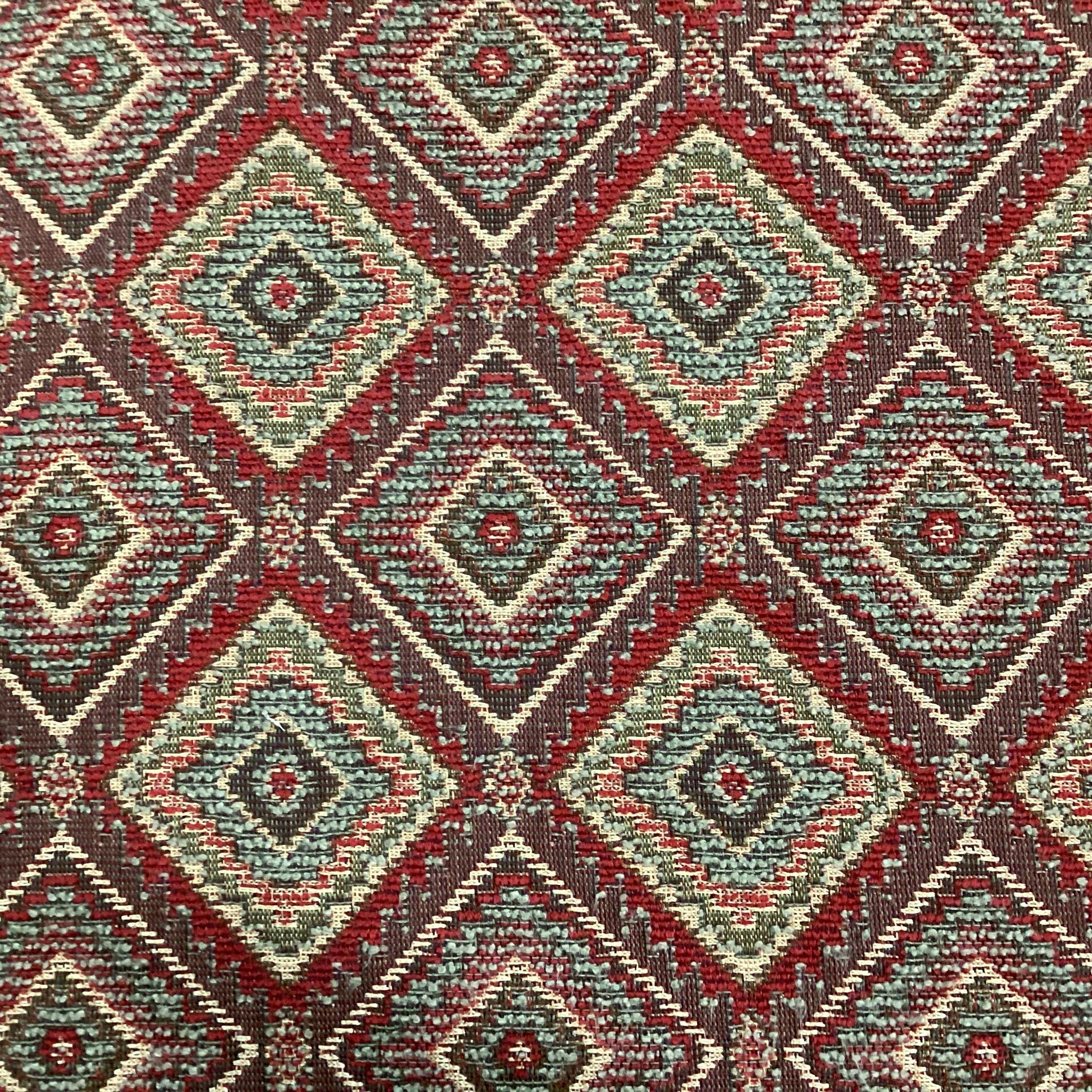 Dindy Foster Interiors Brown Gold Red Sage Woven Diamond Pattern & Carved Wood Brass Casters Ottoman  24"x 24"x 18"
