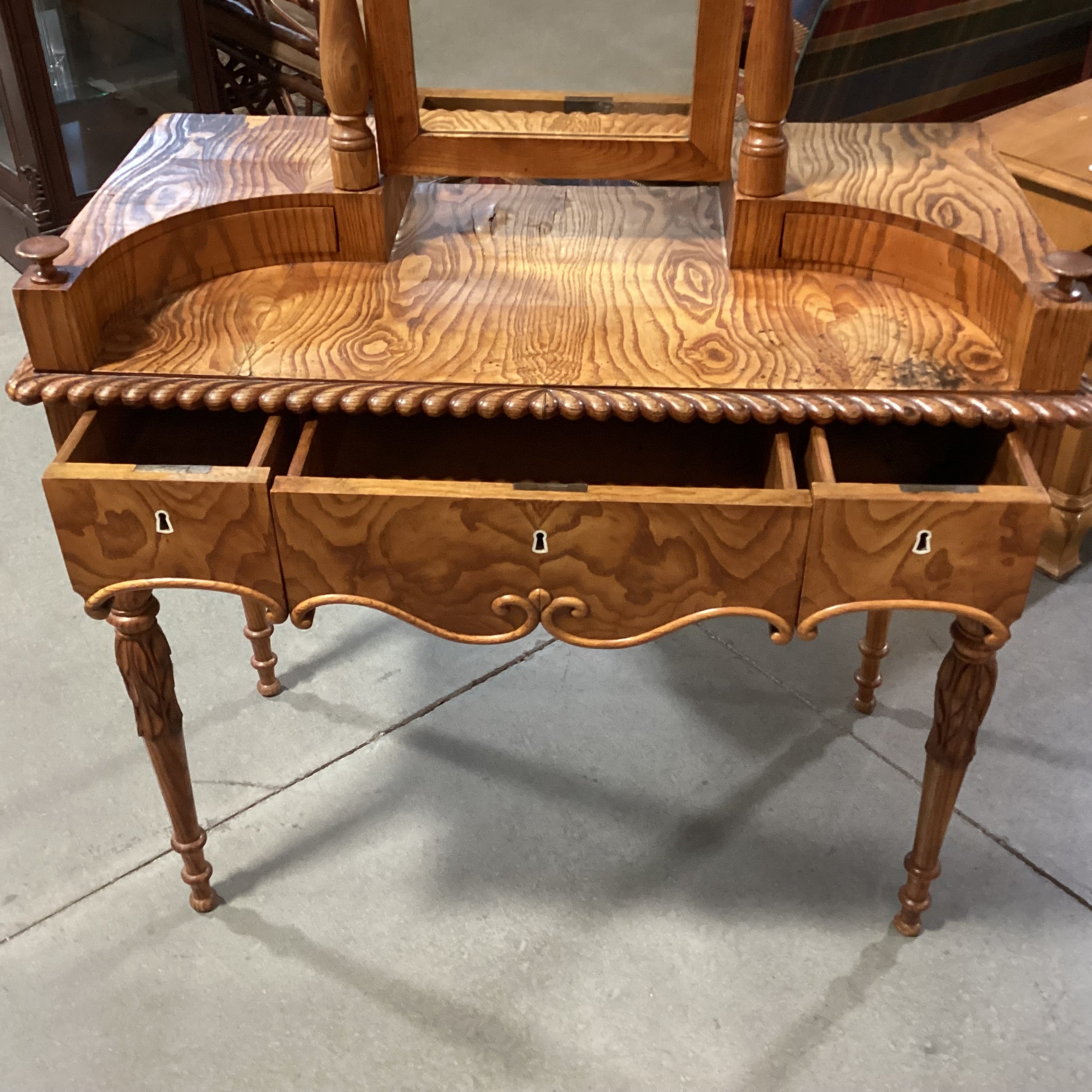 Antique American Carved Wood & Veneer 5 Drawer with Mirror Ladies Vanity Dresser 38"x 19"x 53"