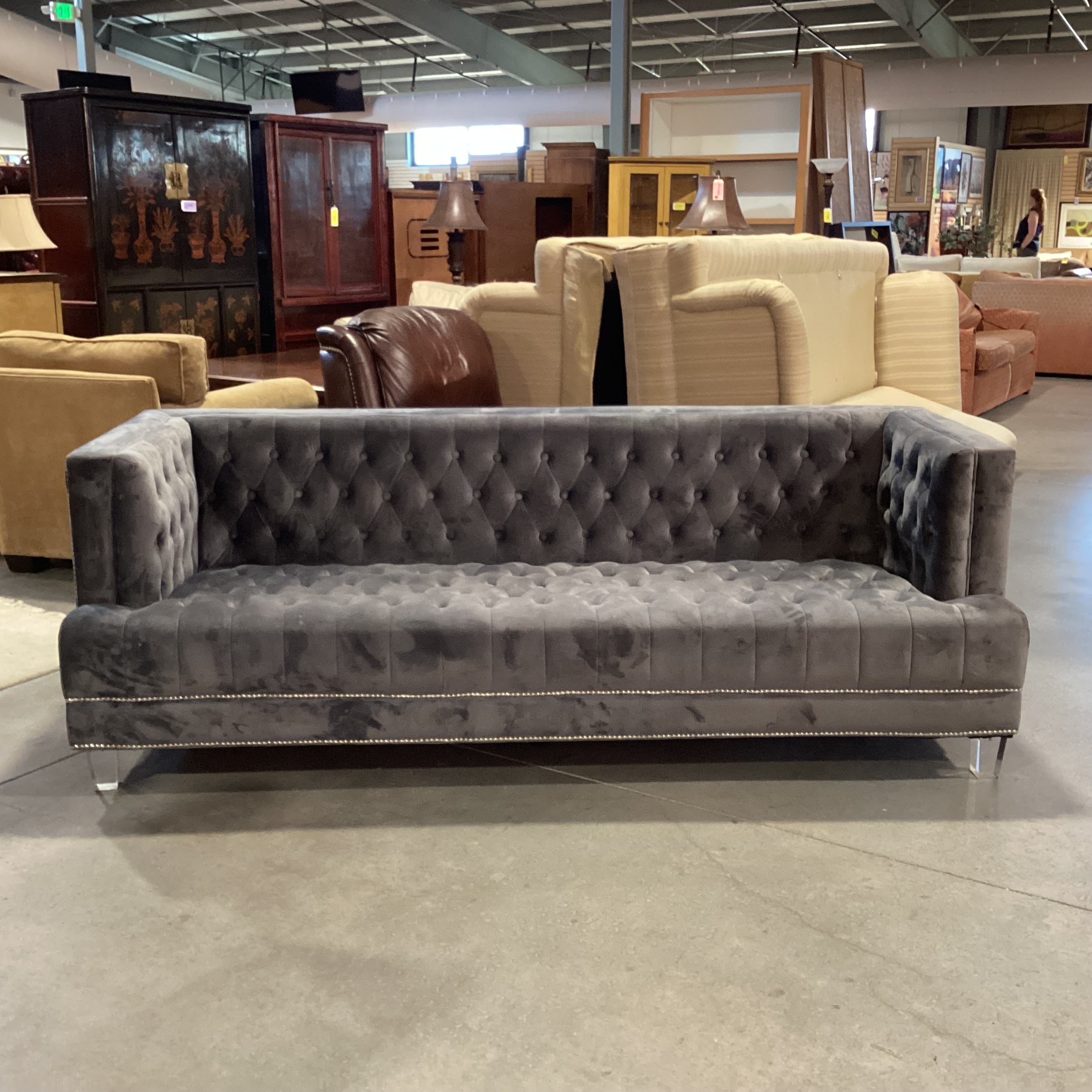 Grey Button Tufted Velvet with Nailhead & Acrylic Feet Sofa 88"x 36"x 31"