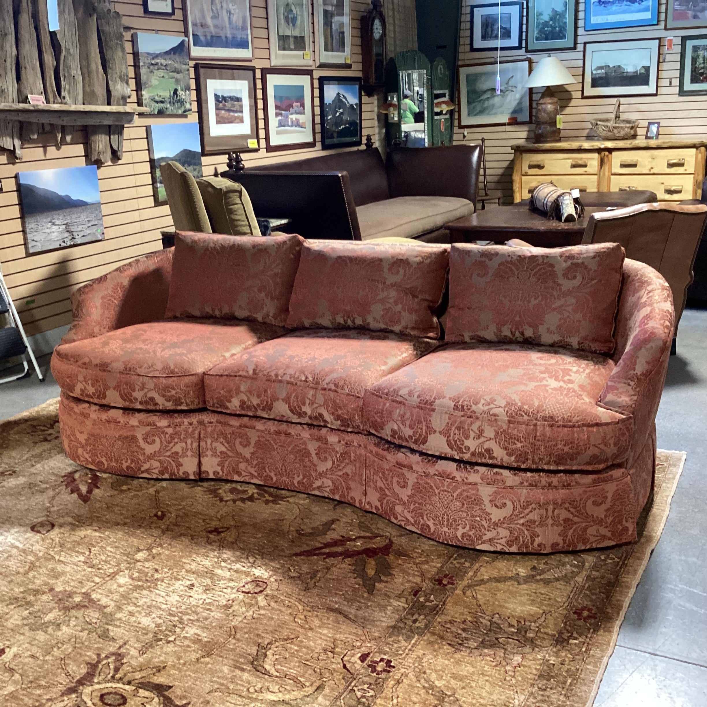 Custom Golden Burnt Orange Ornate Silky Metallic Floral Down Mix Curved Sofa 101"x 44"x 32"