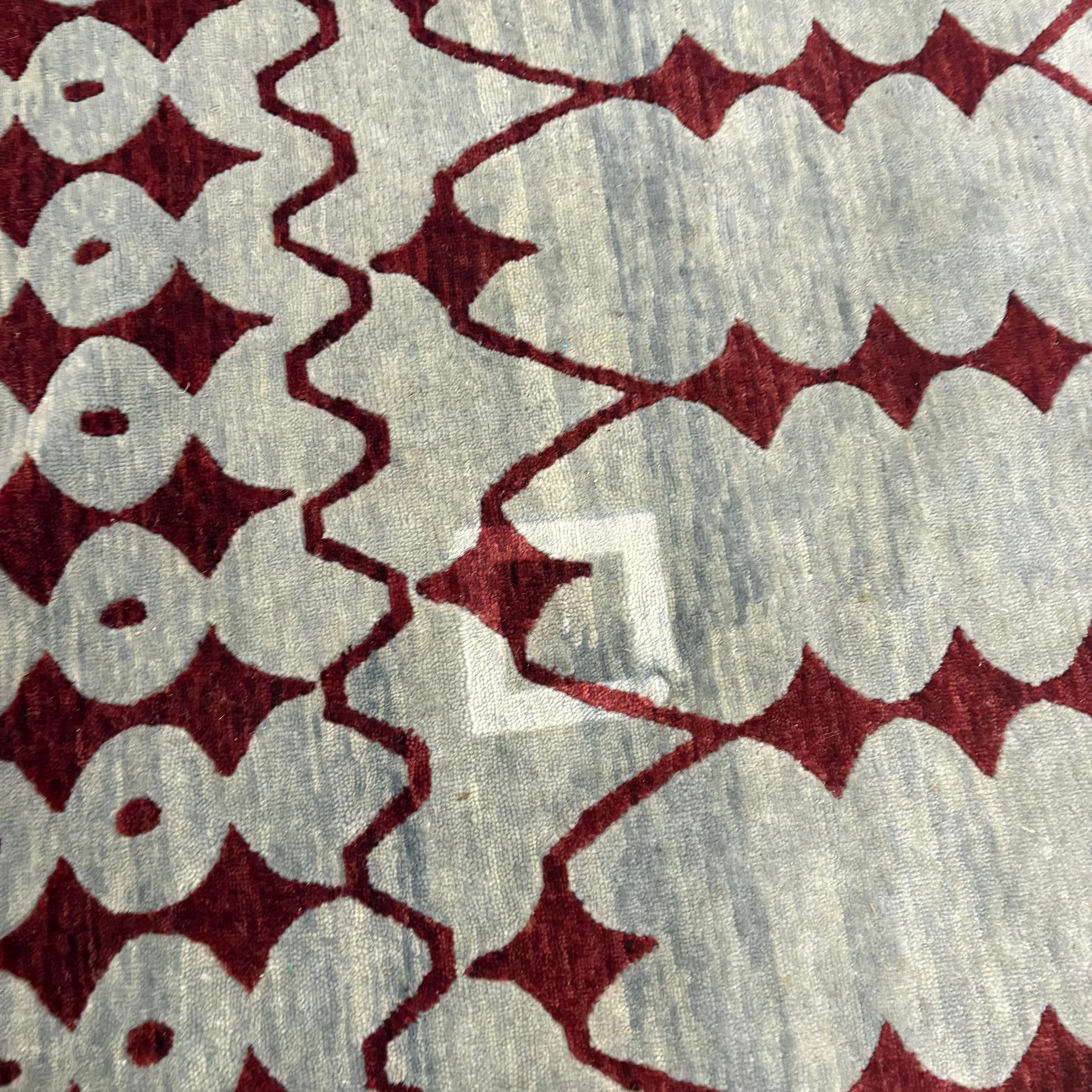 Isberian Custom Grey and Red Geometric Woven Wool Rug 10' x 13'