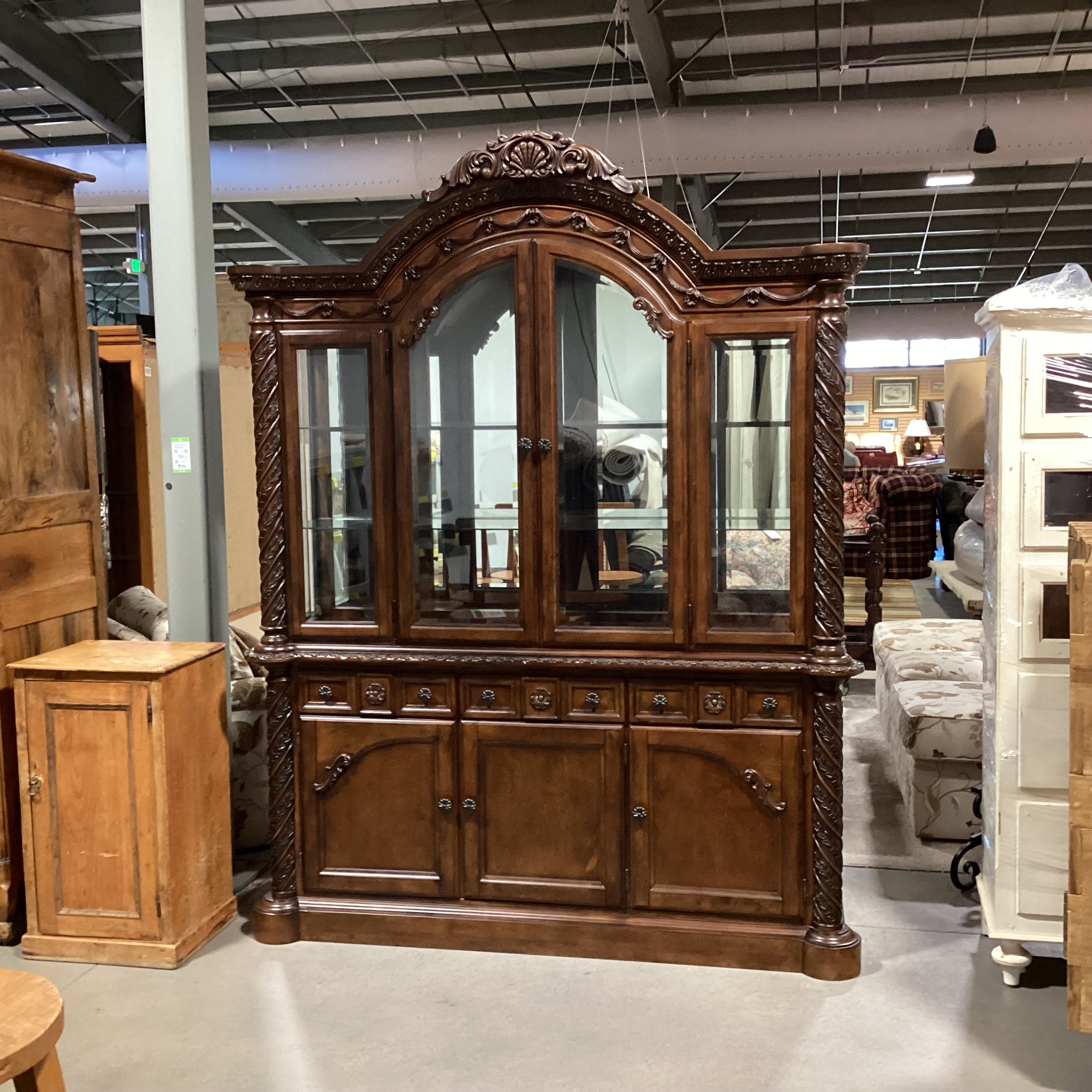 Ashley Furniture North Shore Ornate Carved Wood & Glass 2 Piece China Hutch 71"x 19"x 91"