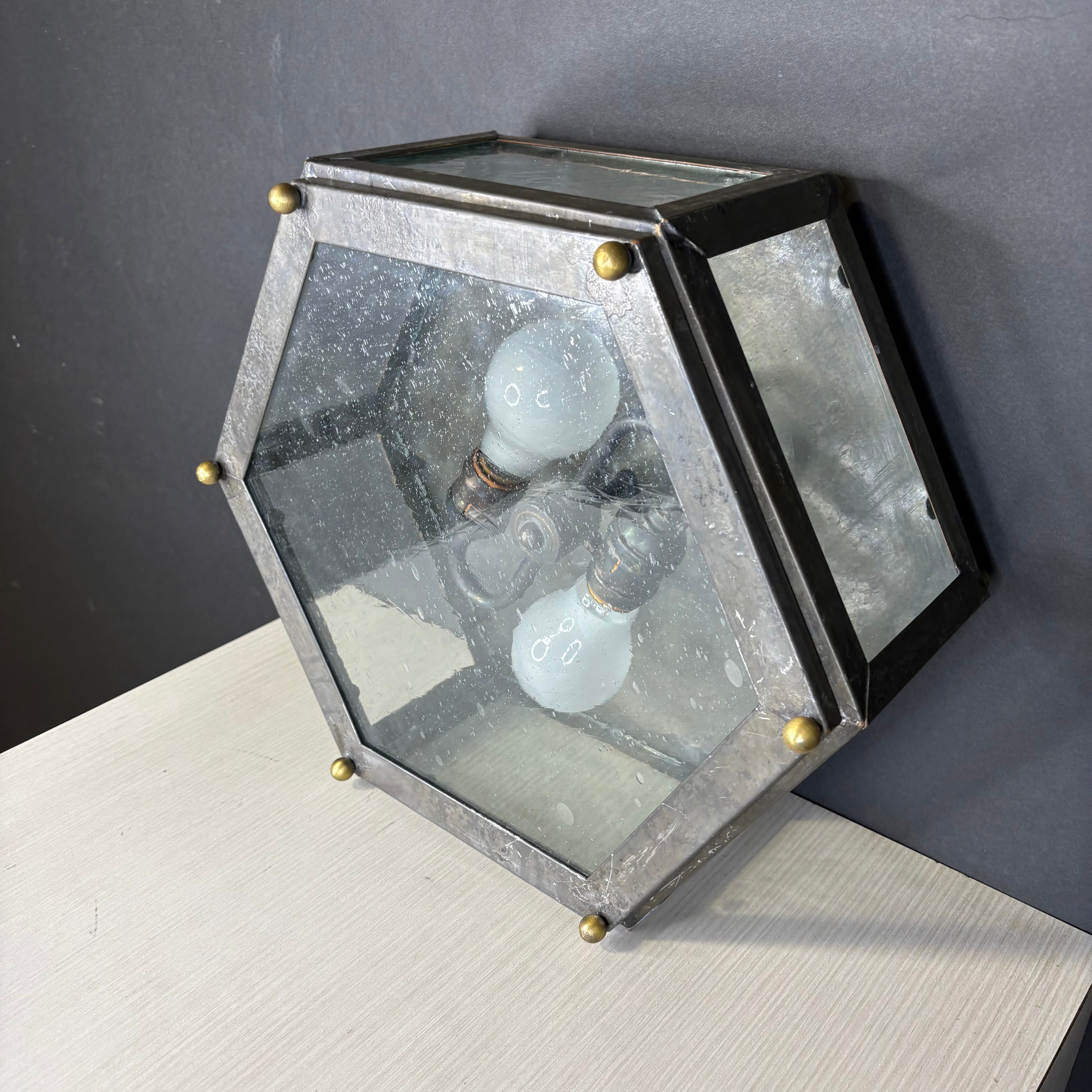 Mission Hill 2-Light Hexagonal Gunsmoke Metal and Brass Flush Mount Ceiling Pendant 14” Diameter x 6”