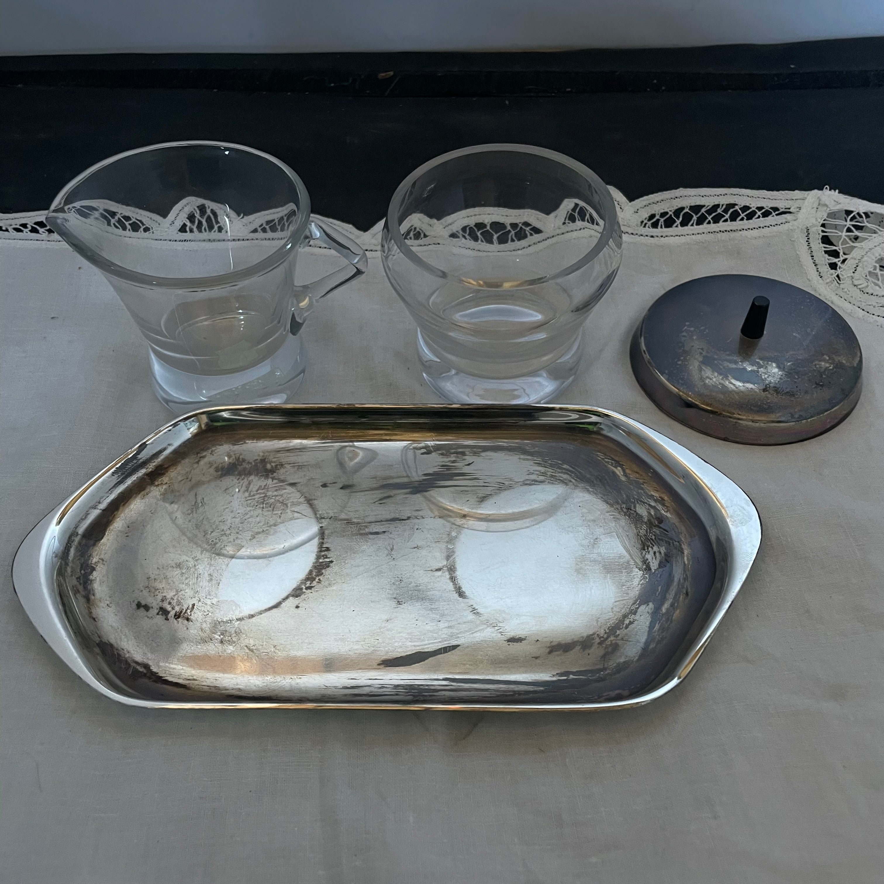 Set of 3 Pieces WMF Ikora Vintage Silverplated Sugar Bowl & Glass Milk Jug on Tray
