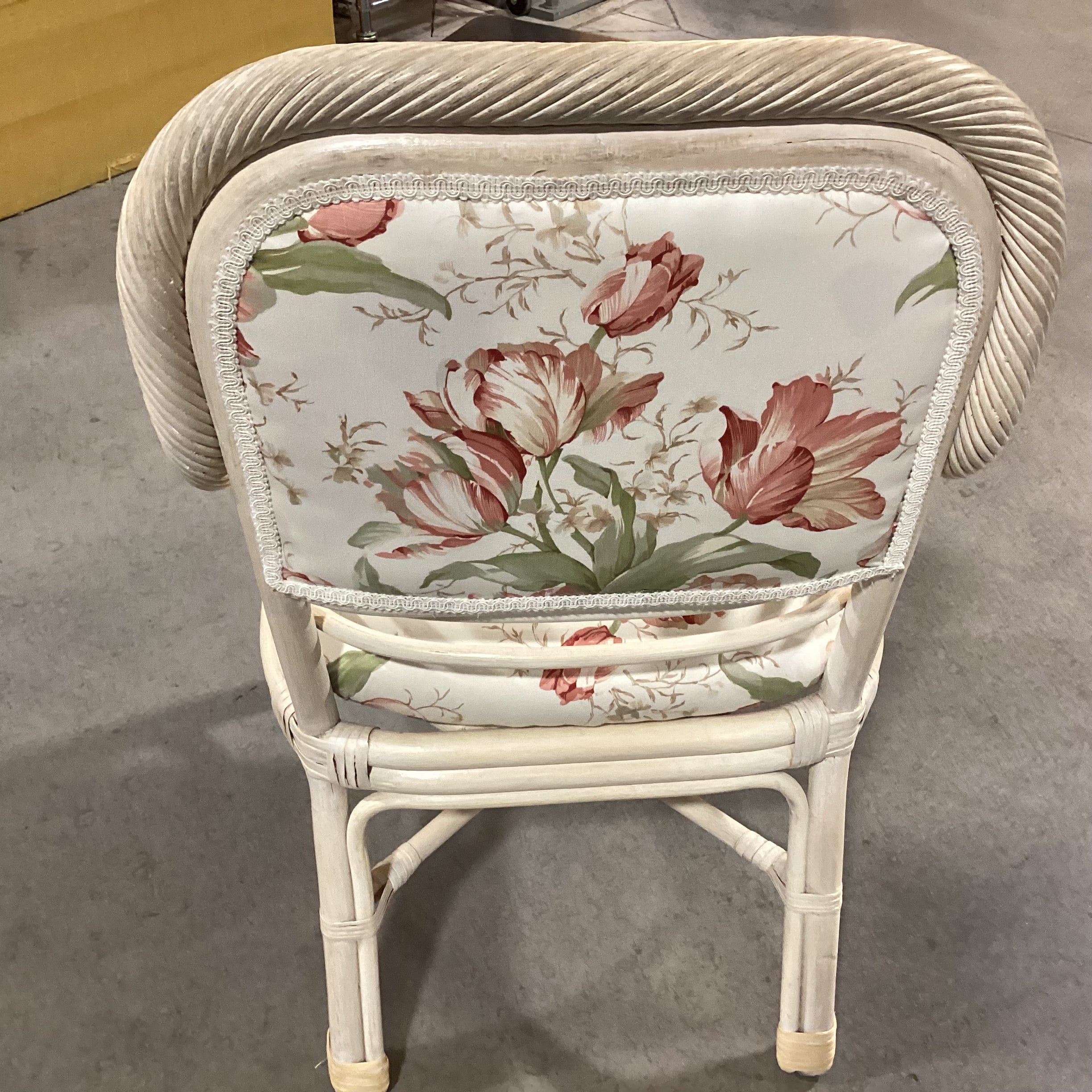 White Washed Rattan & Floral Linen Arm Chair 22"x 22"x 36.5"