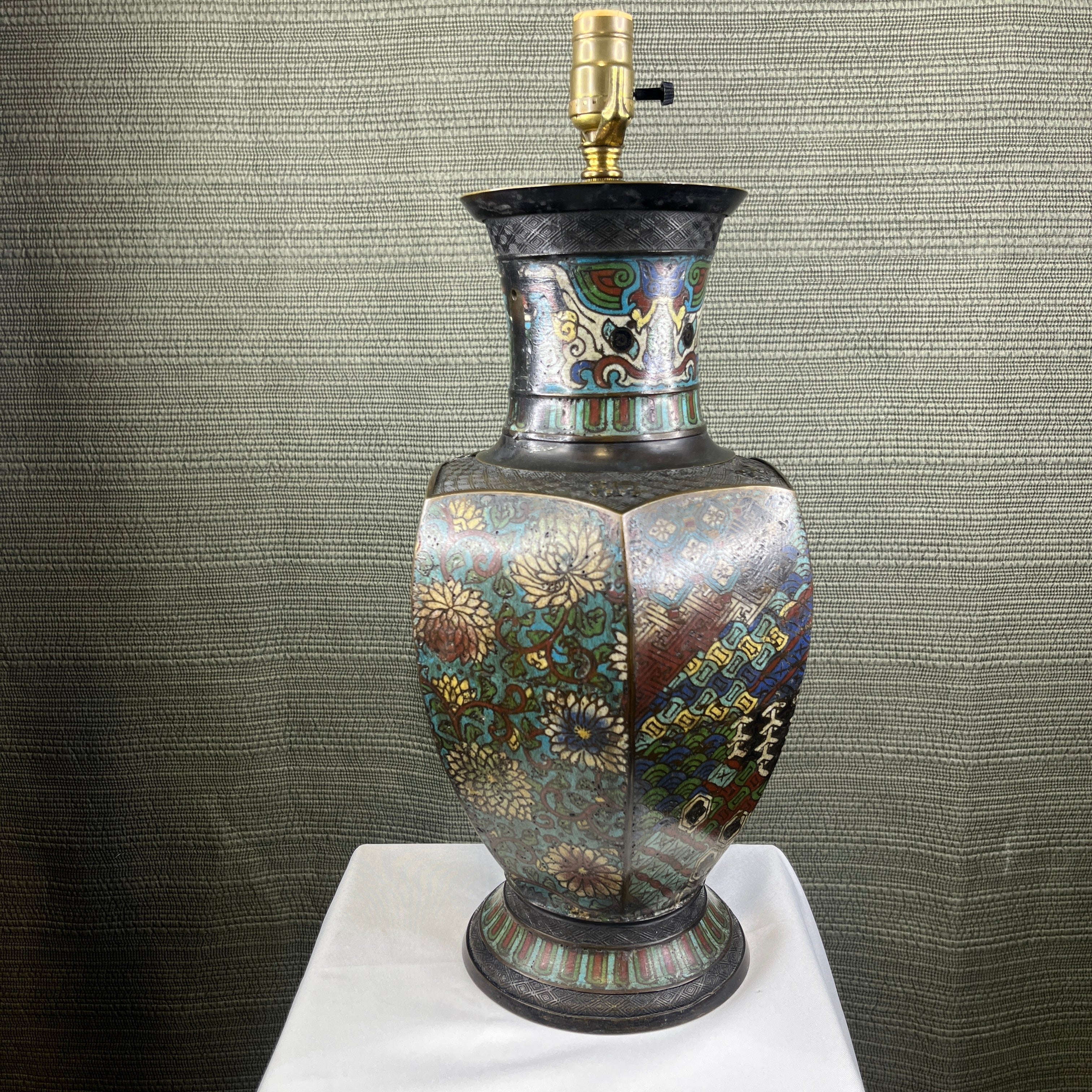 19th Century Multi Colored Cloisonne Enamel Patina Bronze Oriental Vase Table Lamp 9" Diameter x 21"