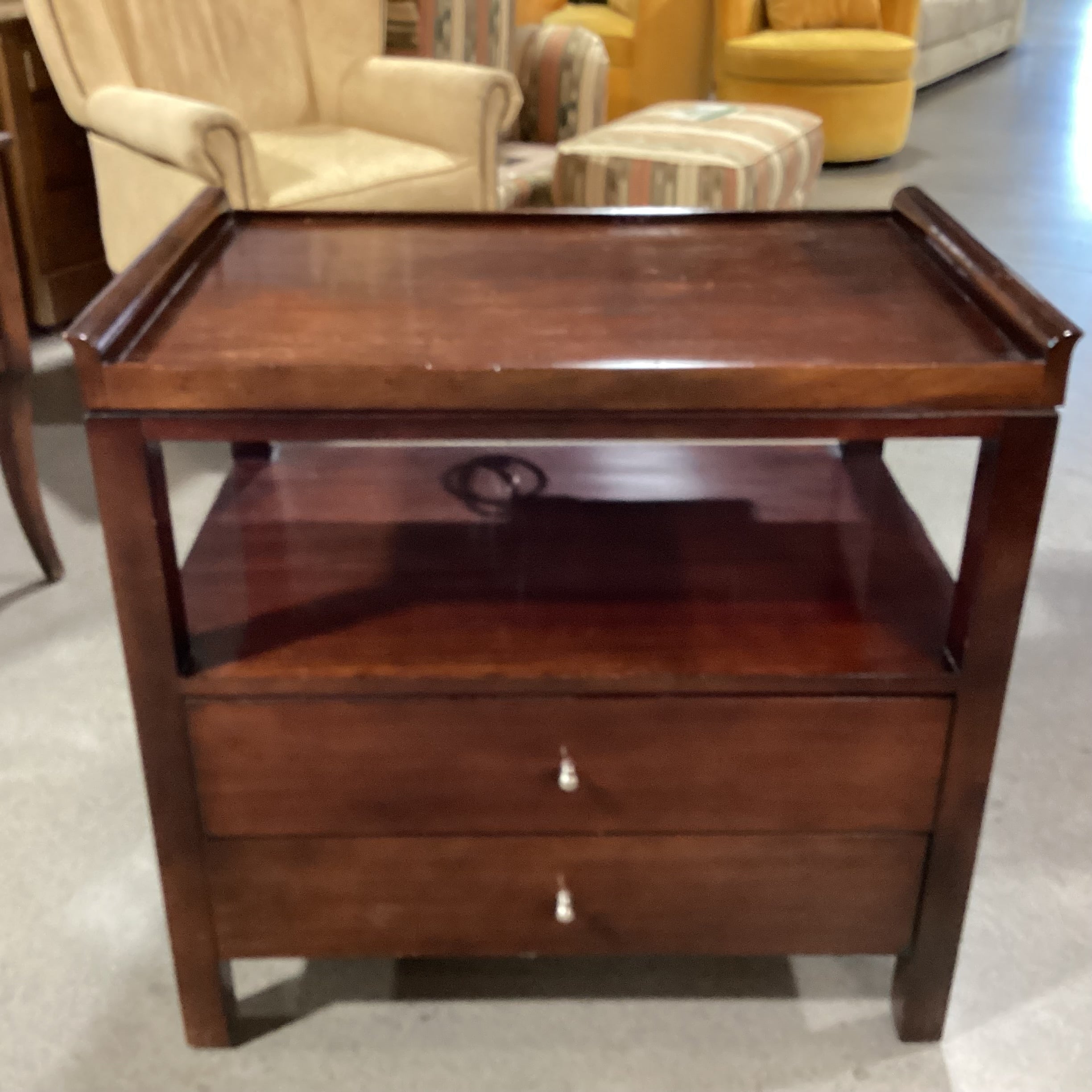 Milling Road a Division of Baker Furniture Dark Finish Wood Tray Top 2 Drawer with Power Strip Nightstand 31"x 20"x 30"