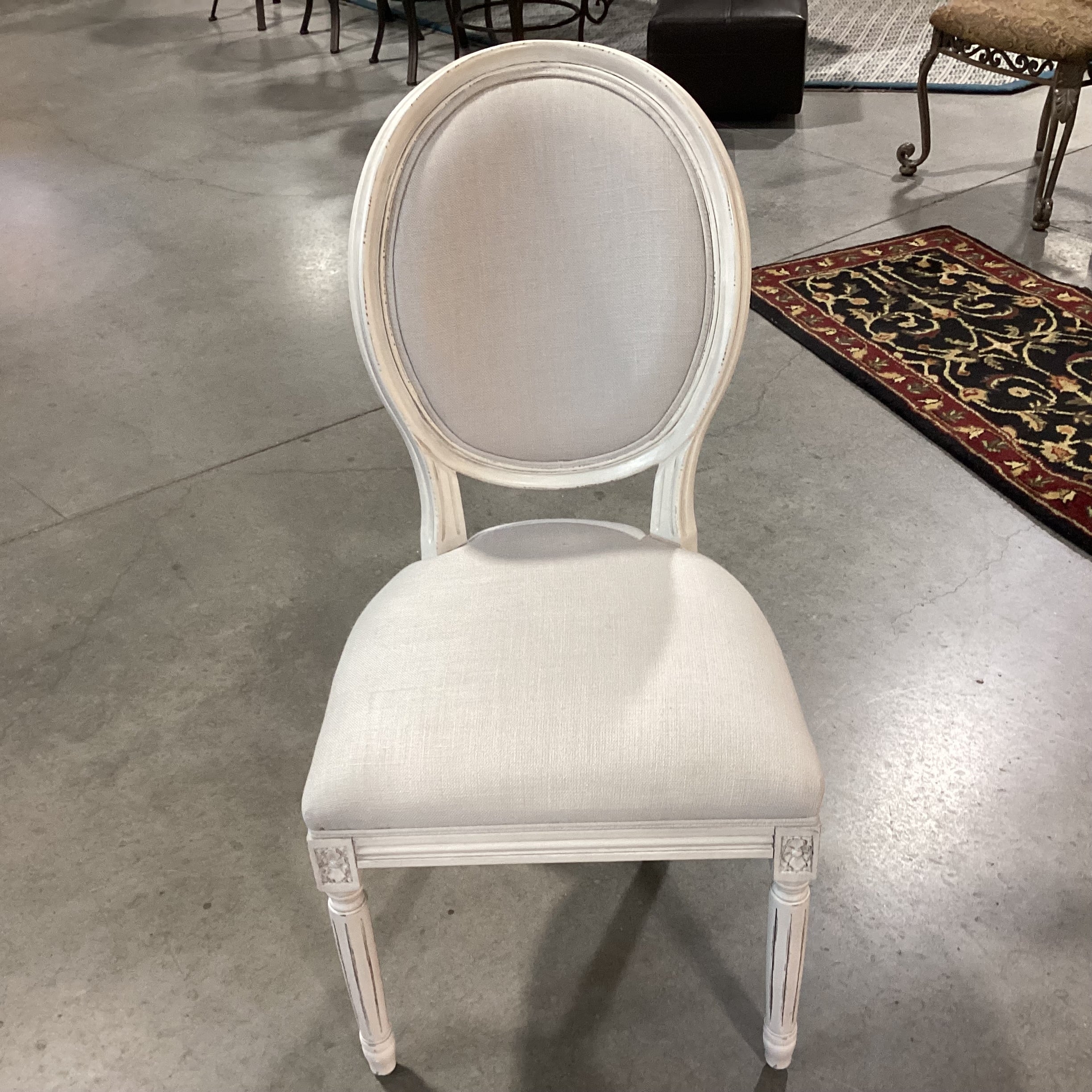 French Provincial Carved Antiqued White & Linen with Sequin Back Chair 20"x 24"x 39.5"