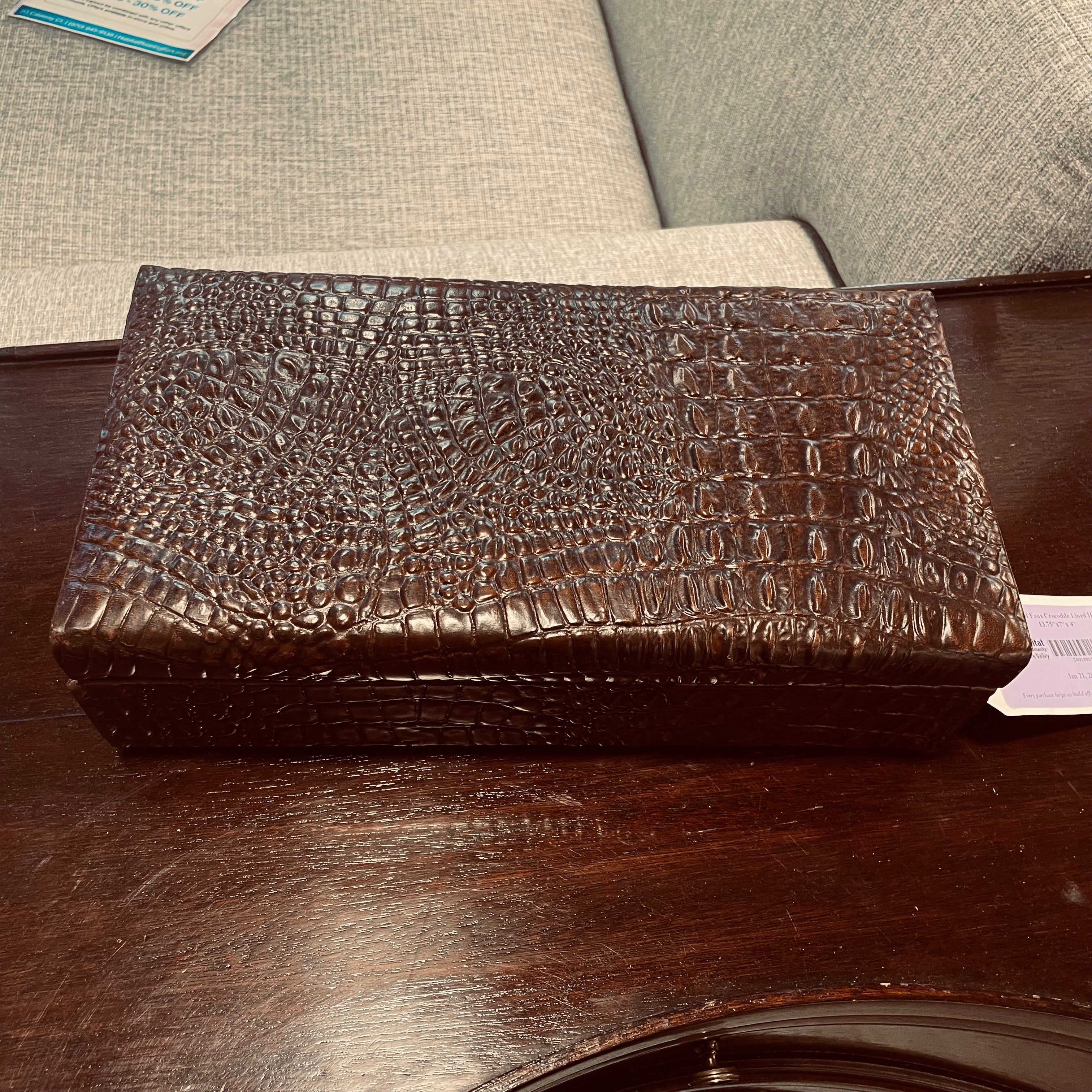 Vintage Sarreid Faux Crocodile Lined Hinged Box, 13.75"x7"x 4"