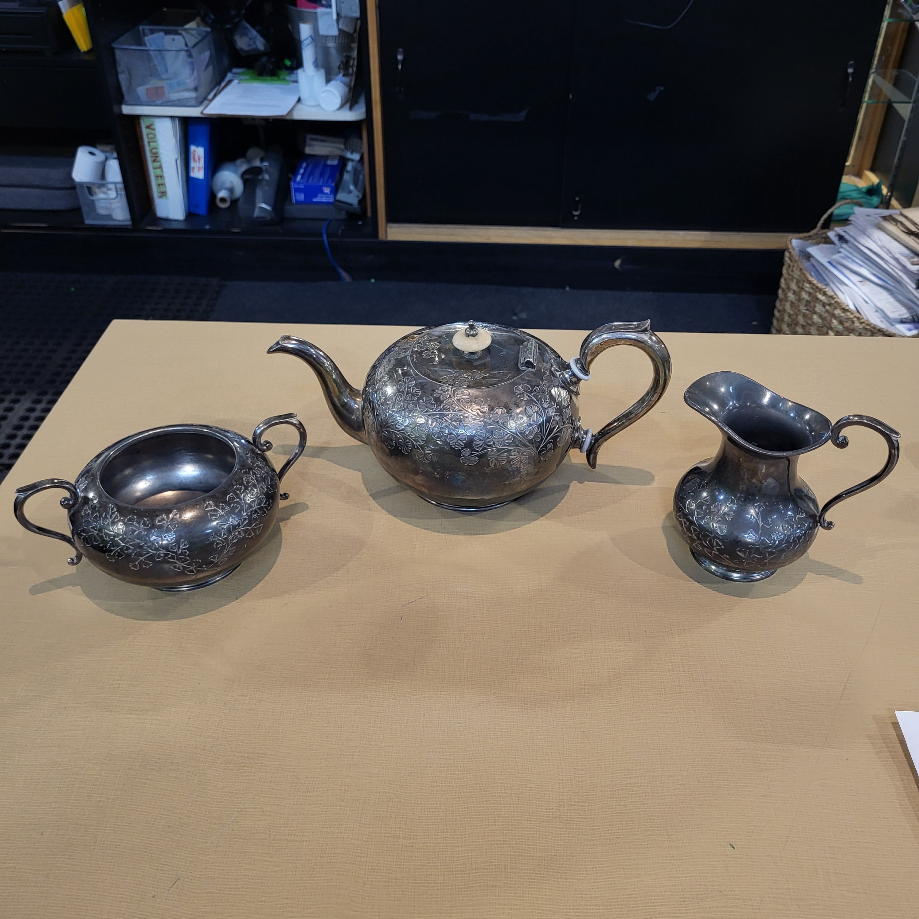 Set of 3 Pcs. Antique British Silverplated Etched Clovers Tea Set