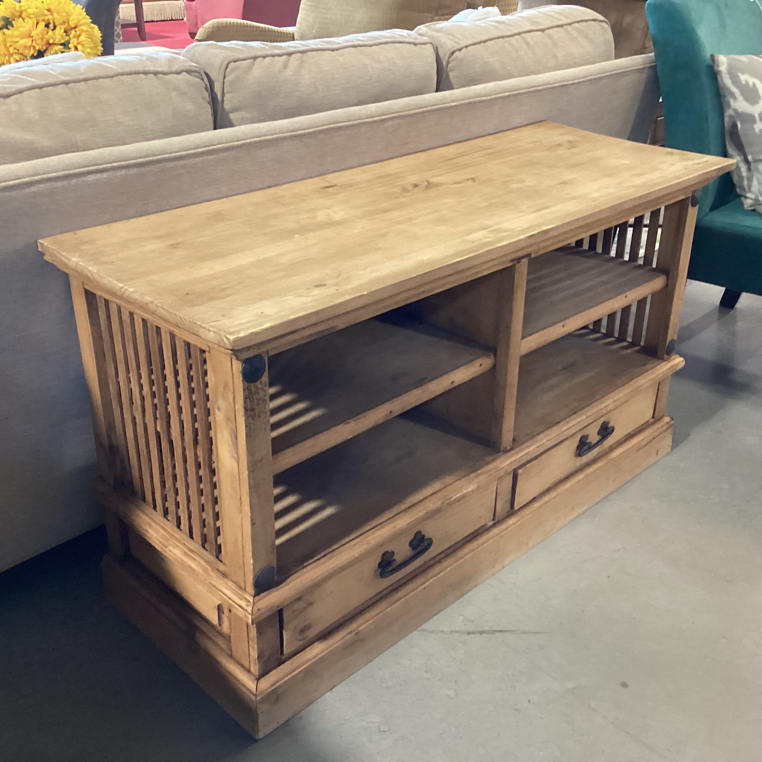 Rustic Natural Pine 2 Drawer with Shelves Console 48"x 18"x 26.5"