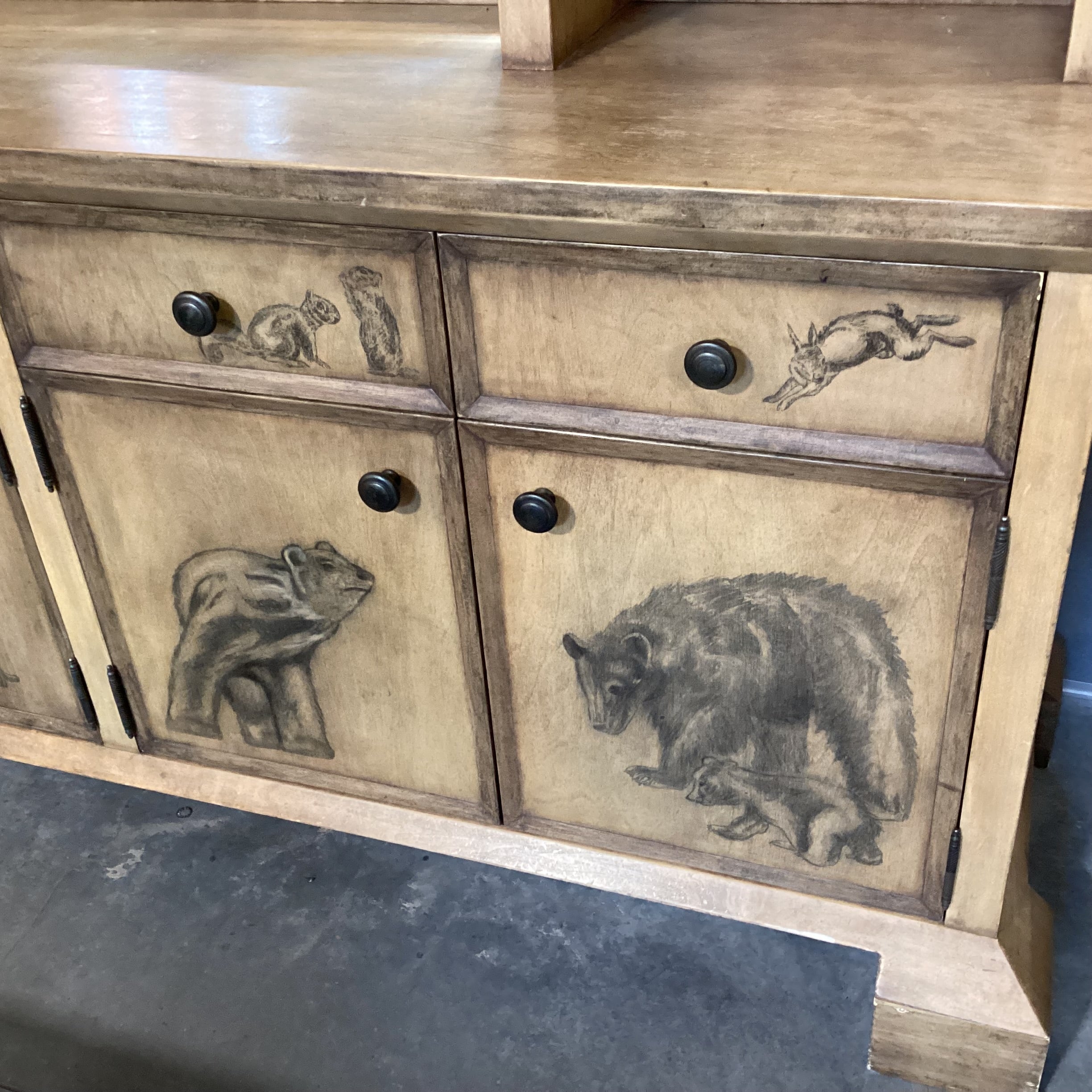 Custom Cabinetry Antiqued Wash with Forest Animals 2 Piece with Hutch Credenza 72"x 21"x 96"