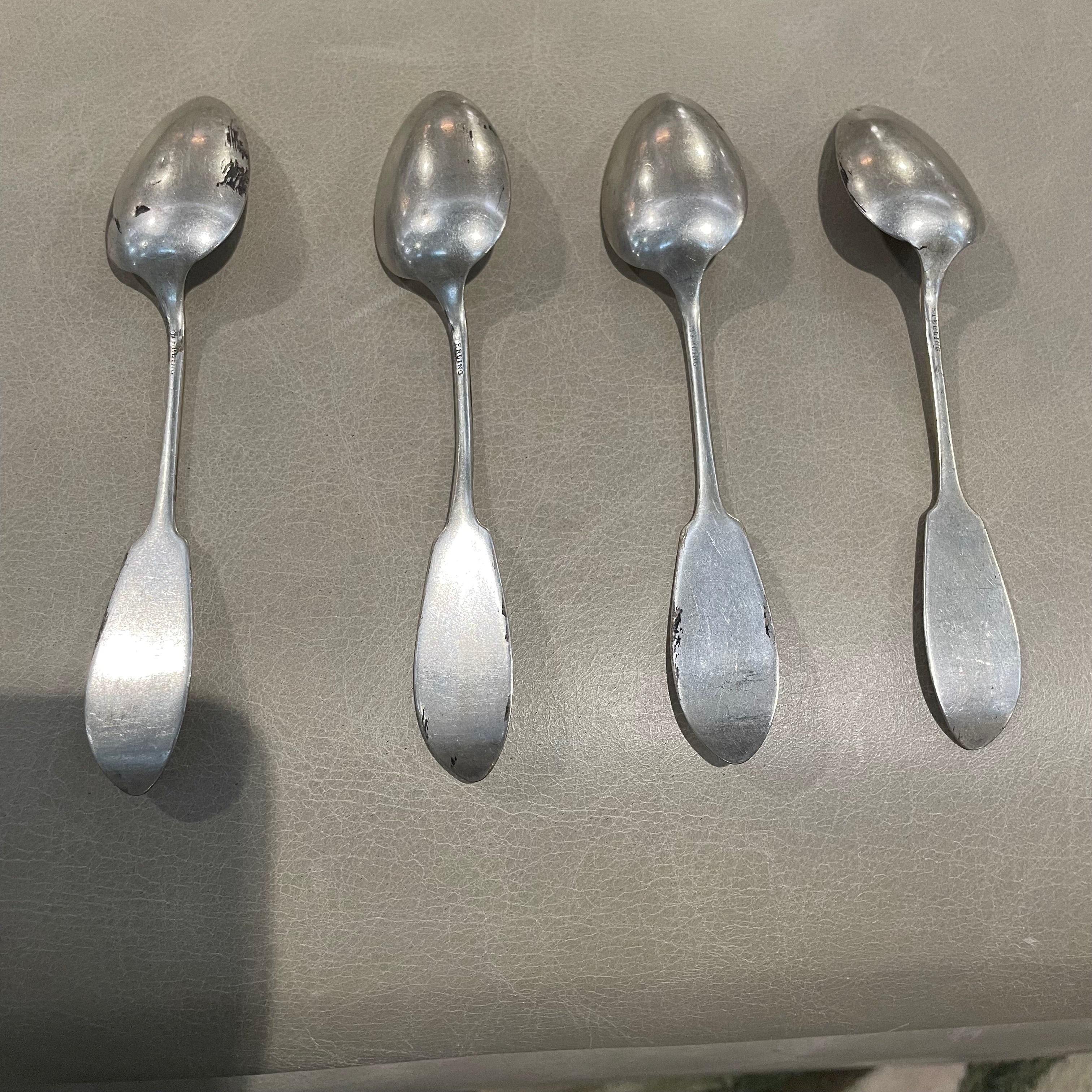 Set of 4 Antique Sterling Silver Fiddle Tipt Dessert Spoons, 5.25"