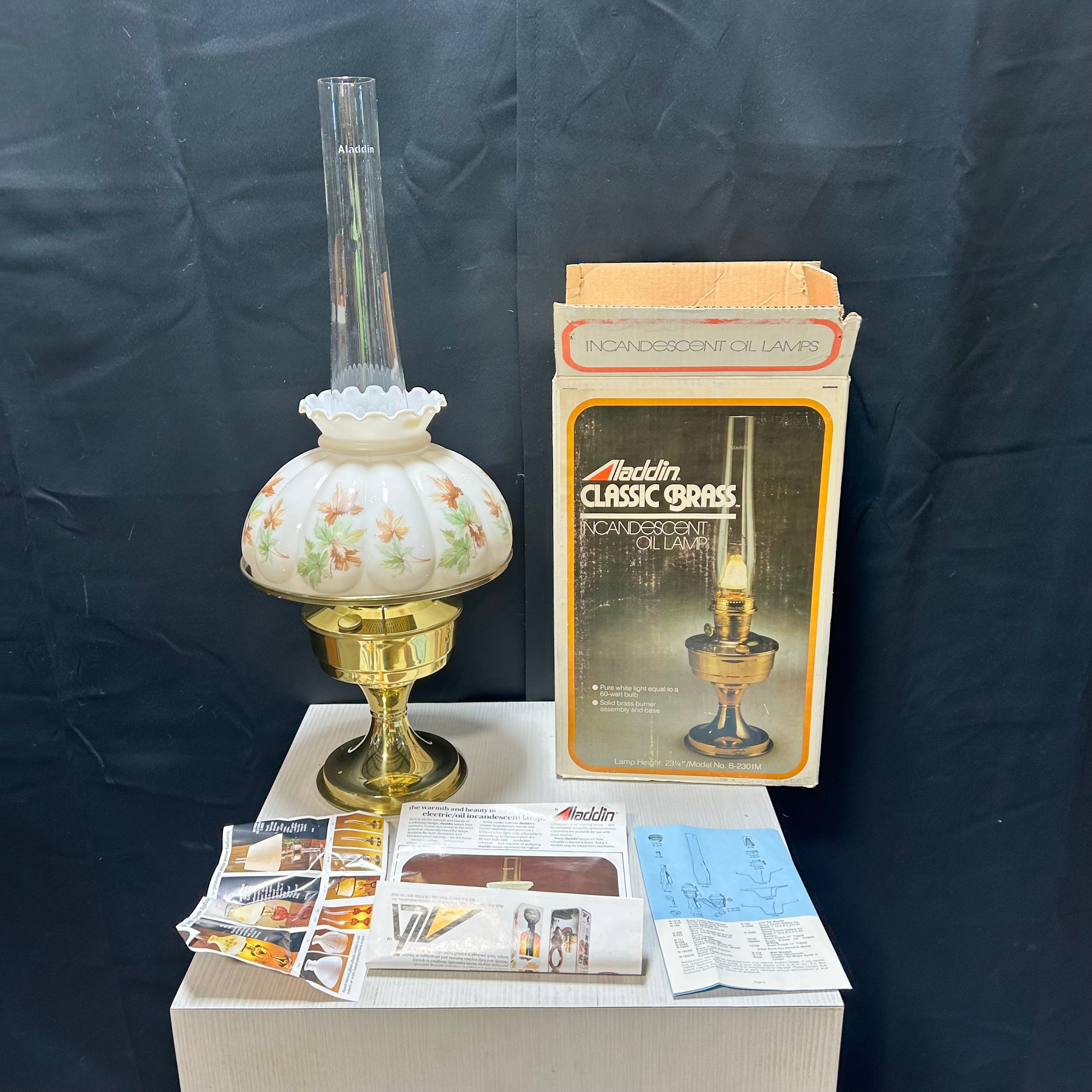 Vintage Aladdin New Out Of Box Kerosene Lamp  & Floral Milk Glass 10"x 27"