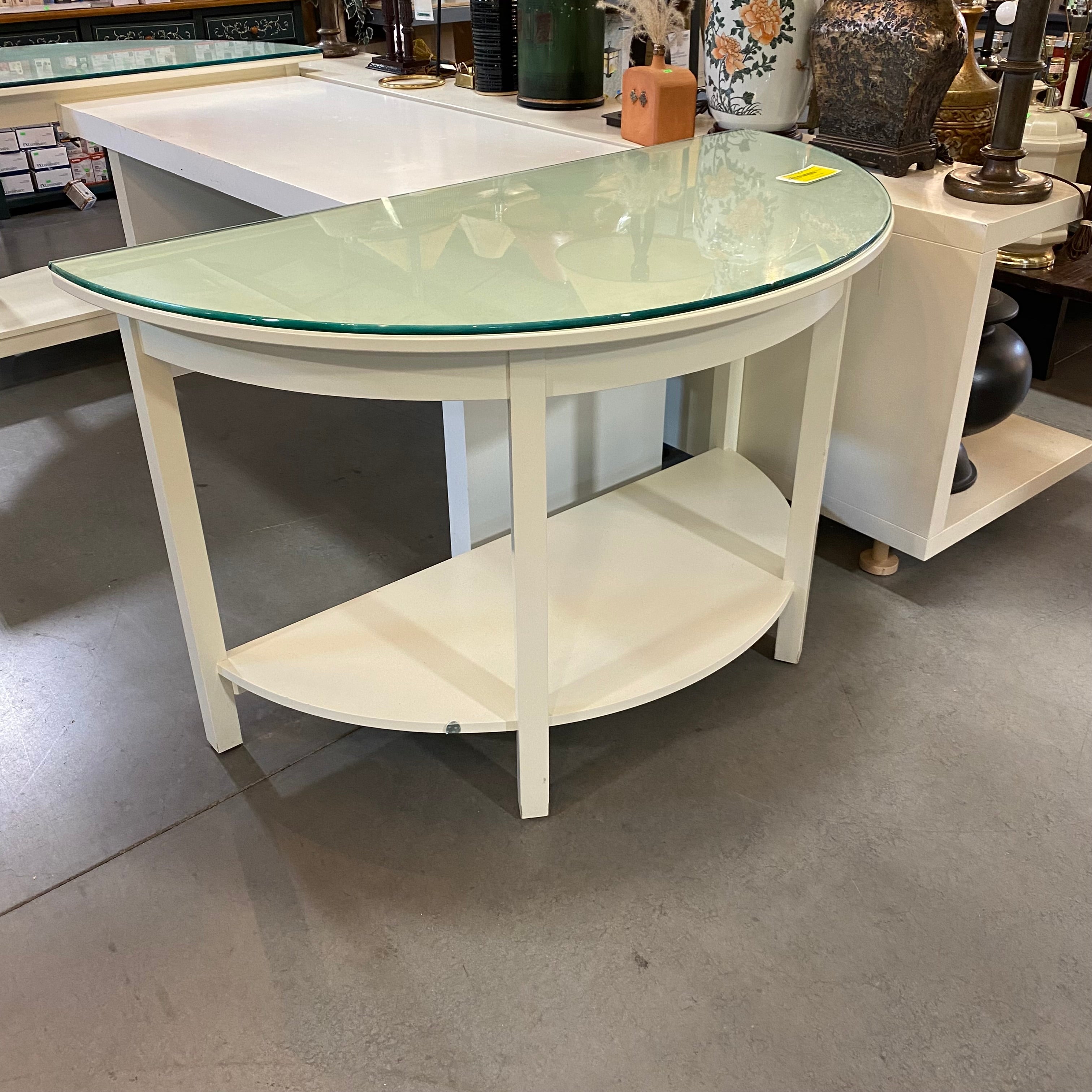 White Glass Top Half Moon 1-Shelf Accent Table 54"x 27"x 33"