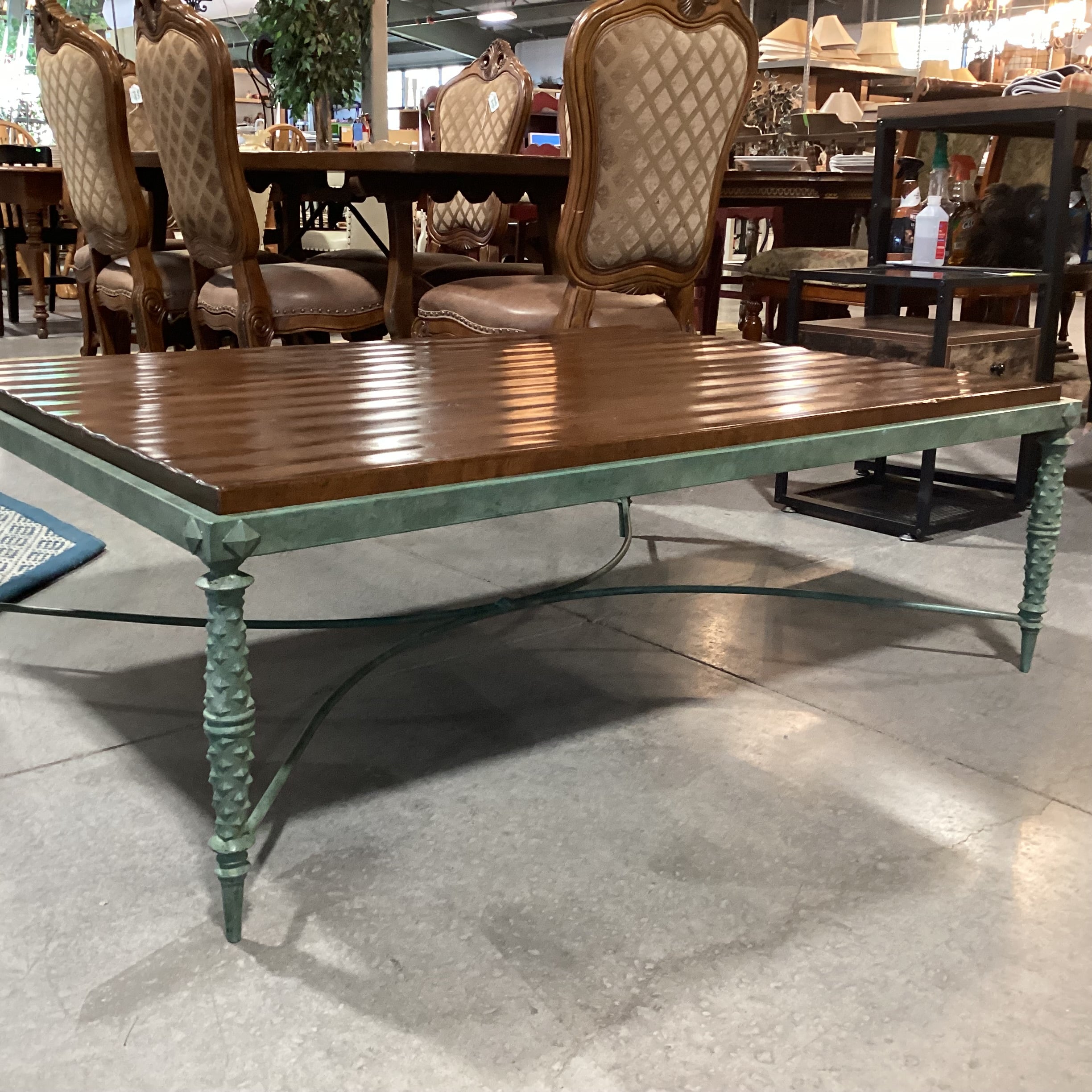 Solid Distressed Finished Plank Top & Verdigris Iron Base Coffee Table 54"x 40"x 18"