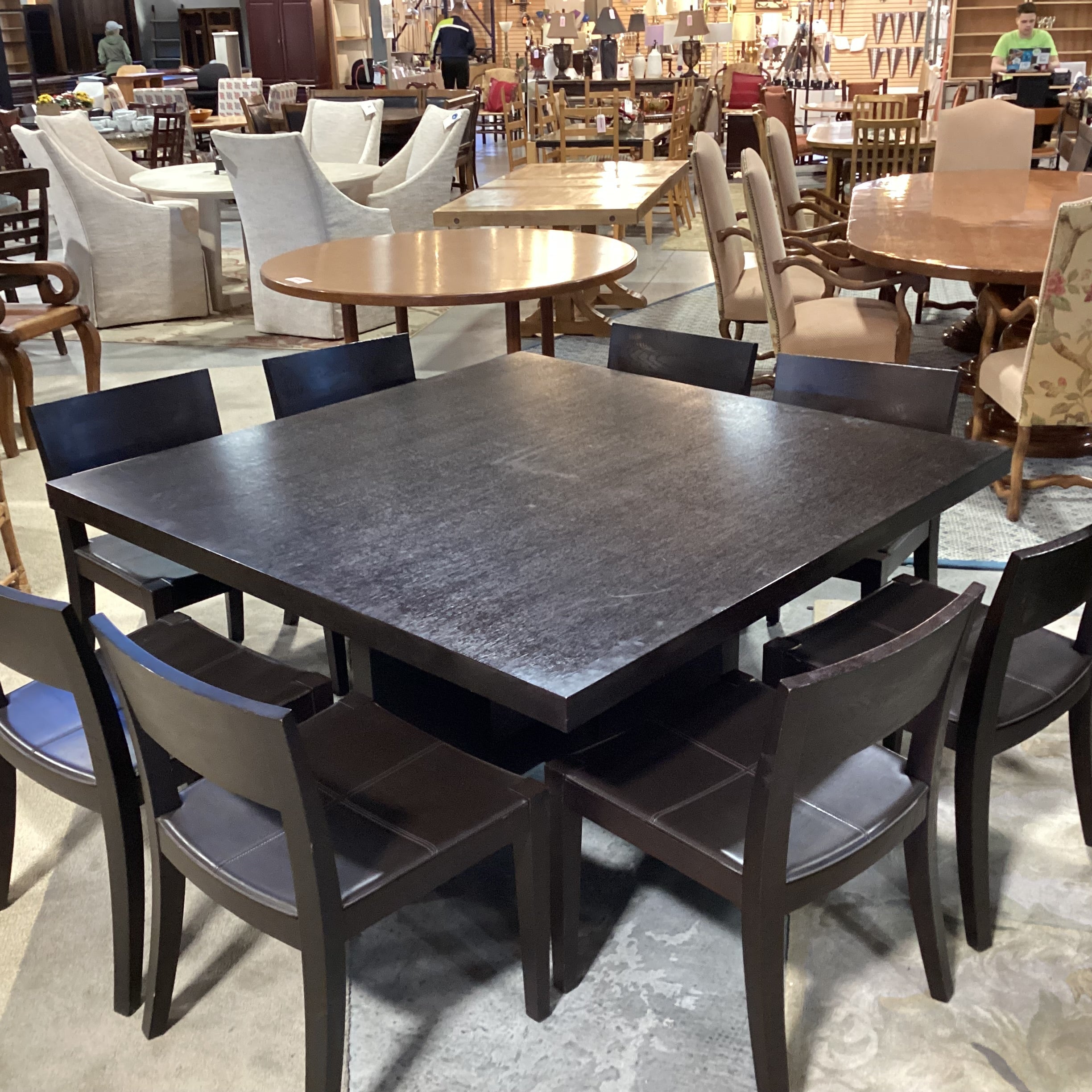 Casa Milano Italian Modern Japandi Design Table with 8 Wood & Leather Chairs Dining Set 59"x 59"x 29"