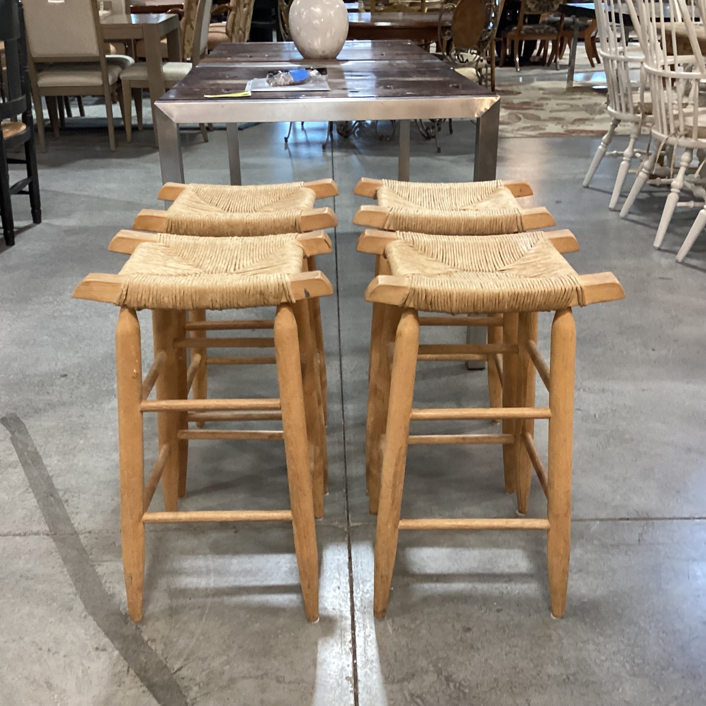 SET of 4 Vintage Natural Wood & Rush Seat Barstools 25"