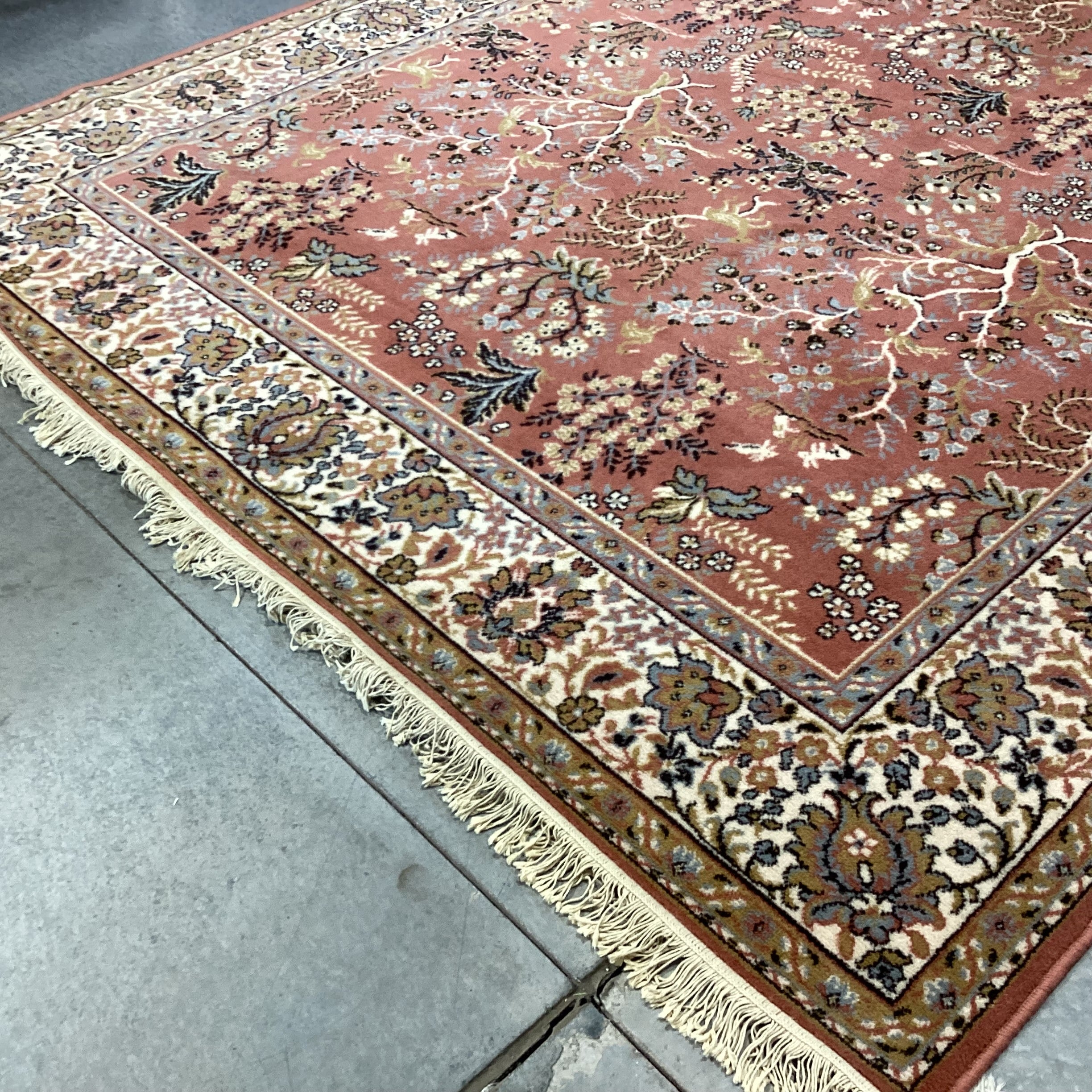 Galaxy Made in Belgium Vintage Salmon Blue Grey & Gold Leaf Floral Pure Virgin Wool Pile Rug 7'11"x 11'4"