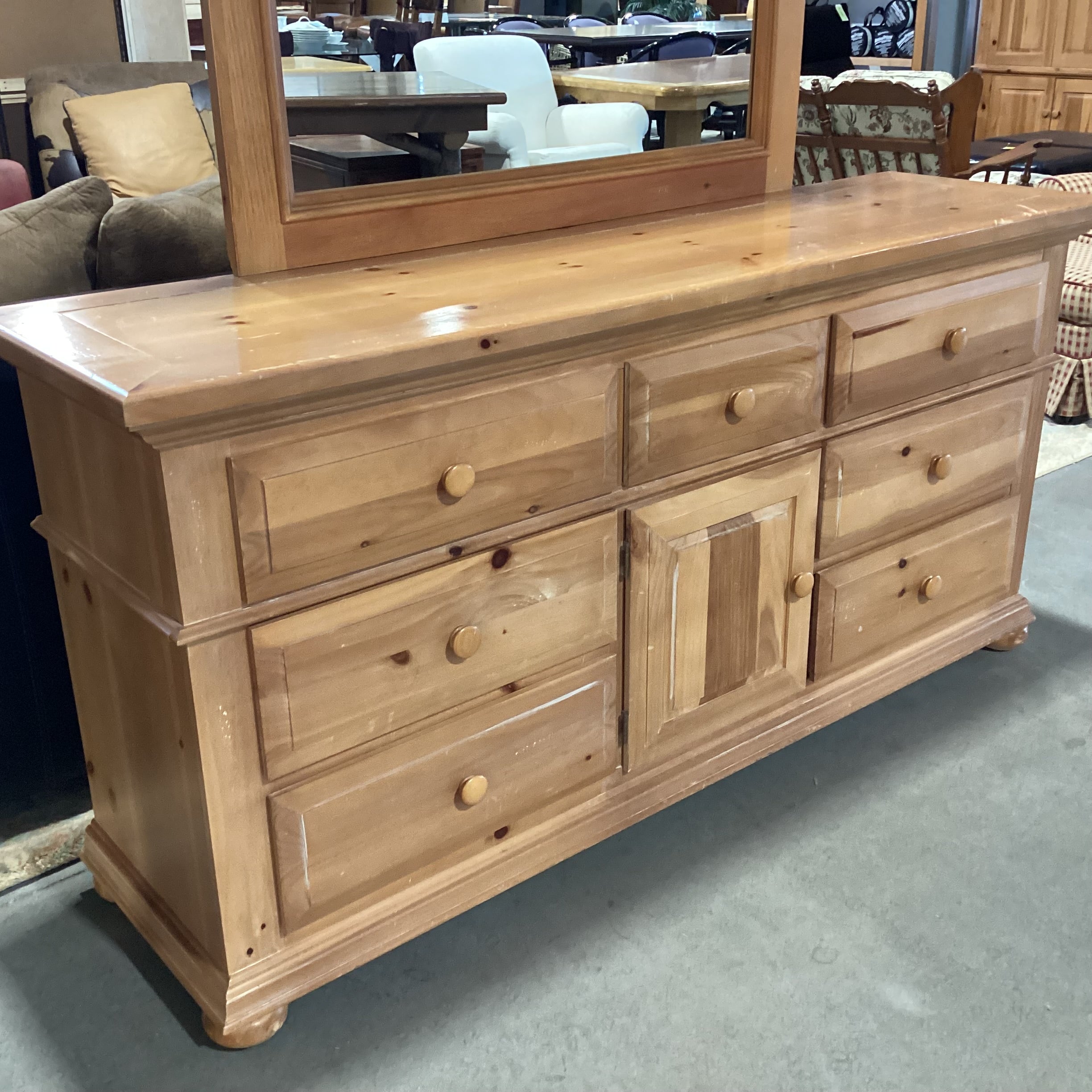 Bassett Distressed Light Pine 9 Drawer with Mirror Dresser 70"x 19"x 80"