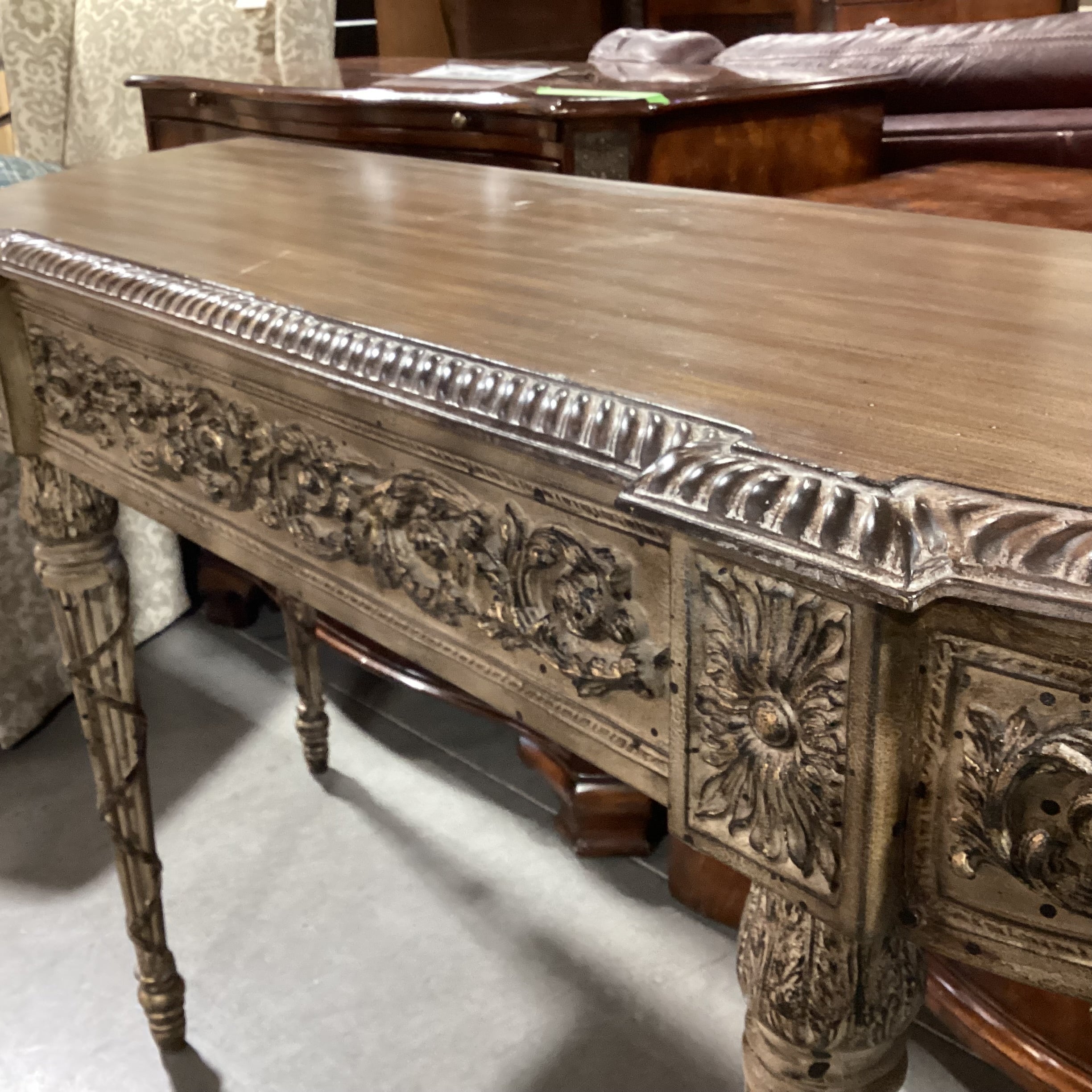 Antiqued Finish Ornate Carved Wood Composite & Metal Sofa Table 66"x 20"x 34.5"